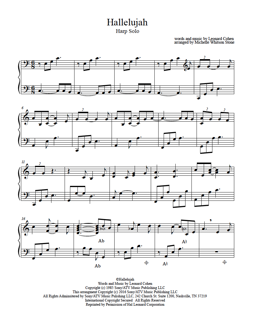 Sheet music titled 'Hallelujah' for harp solo, with musical notes and lyrics by Leonard Cohen, arranged by Michelle Whitson Stone.