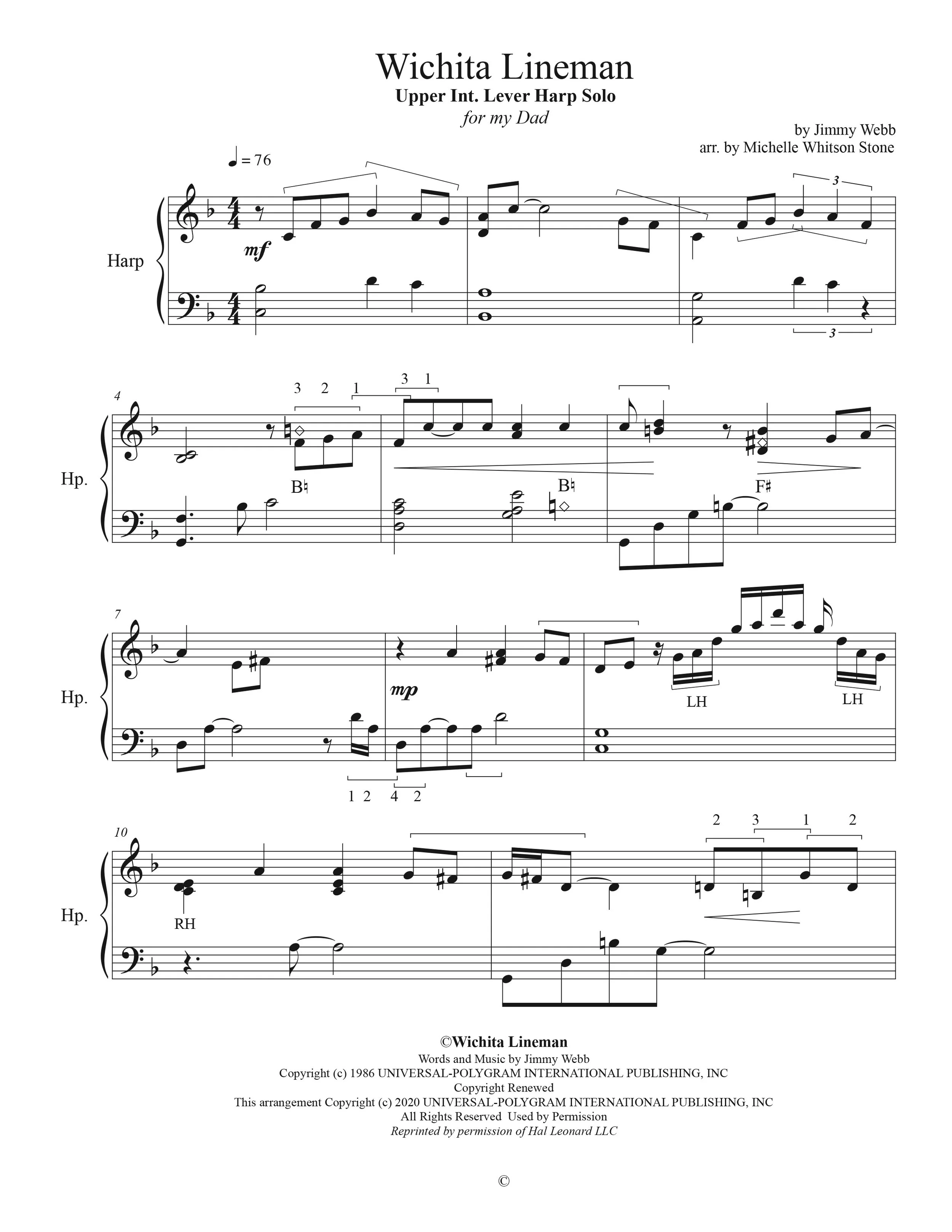 Music sheet titled 'Wichita Lineman' with musical notes and annotations for harp and harp parts, composed by Jimmy Webb, arranged by Michelle Whitson Stone, copyright details, and credits at the bottom.