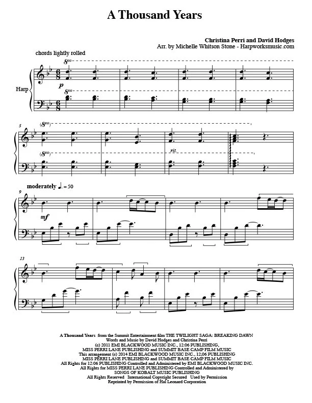 Sheet music titled "A Thousand Years" by Christina Perri and David Hodges, arranged by Michelle Whitson Stone, featuring harp, with musical notes and lyrics.
