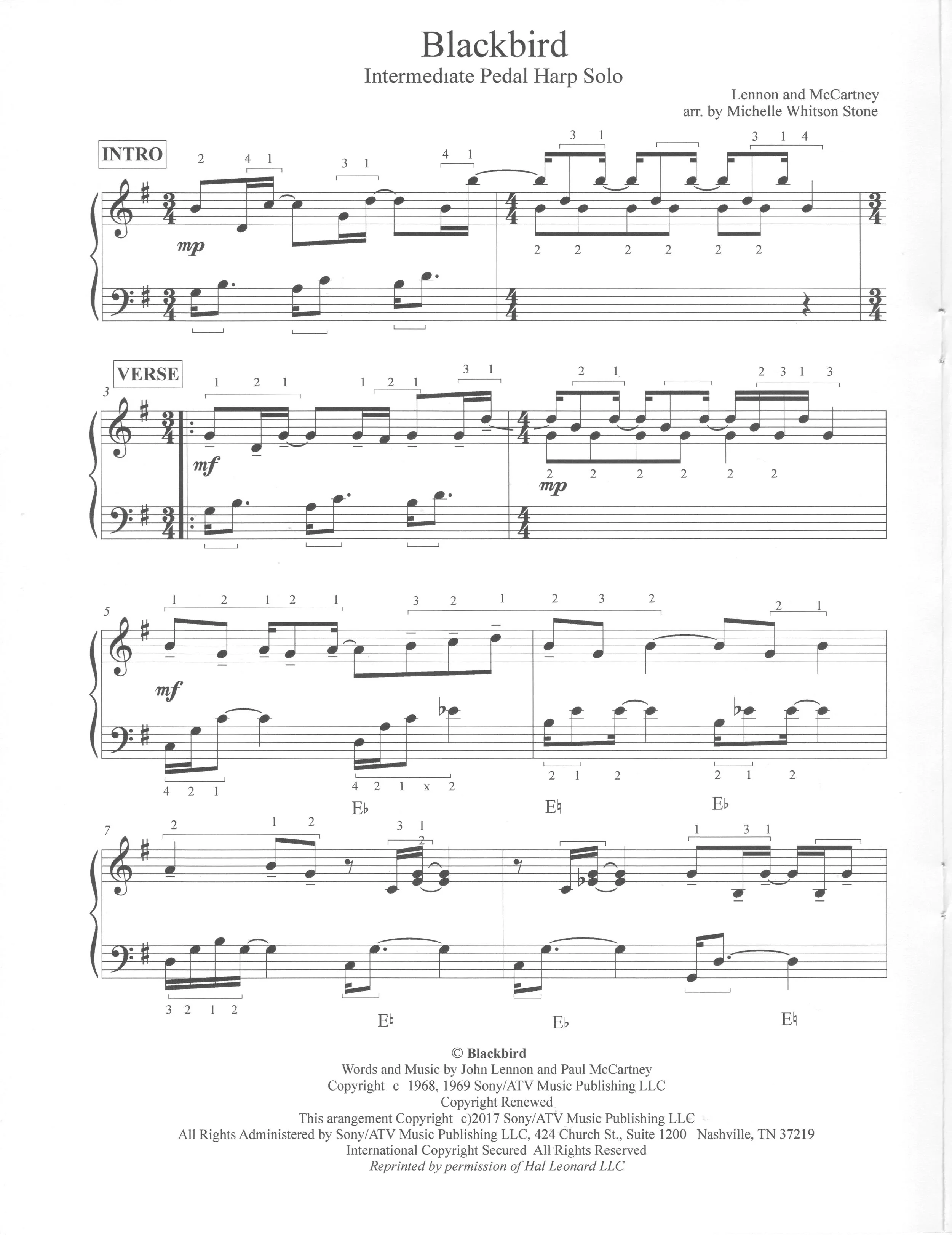 Sheet music for 'Blackbird,' an intermediate pedal harp solo by Lennon and McCartney, arranged by Michelle Whitson Stone, with musical notation and copyright information at the bottom.