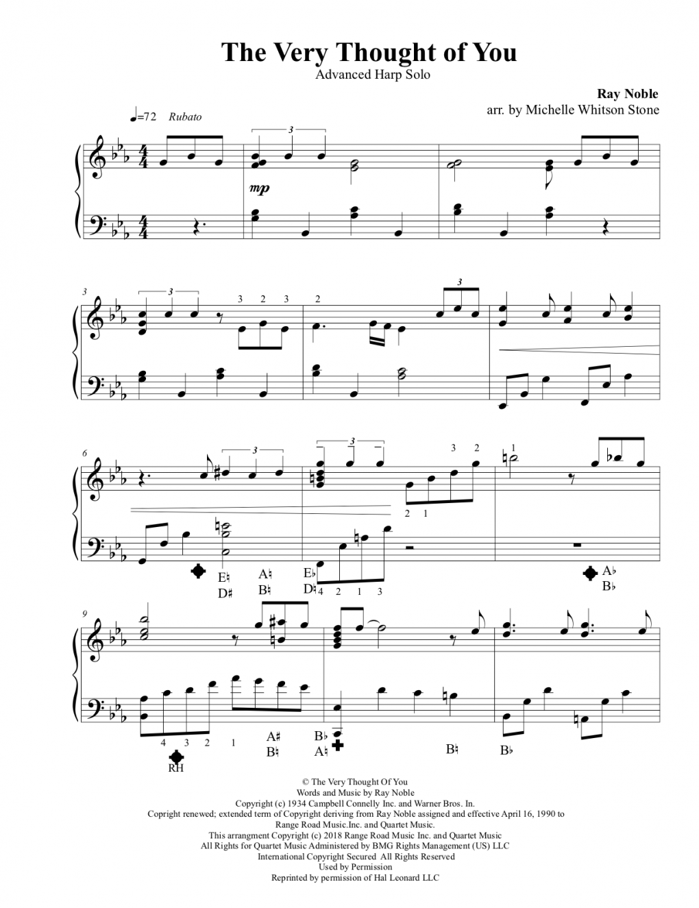Sheet music titled 'The Very Thought of You' arranged for advanced harp solo by Michelle Whitson Stone, composed by Ray Noble, with copyright information at the bottom.