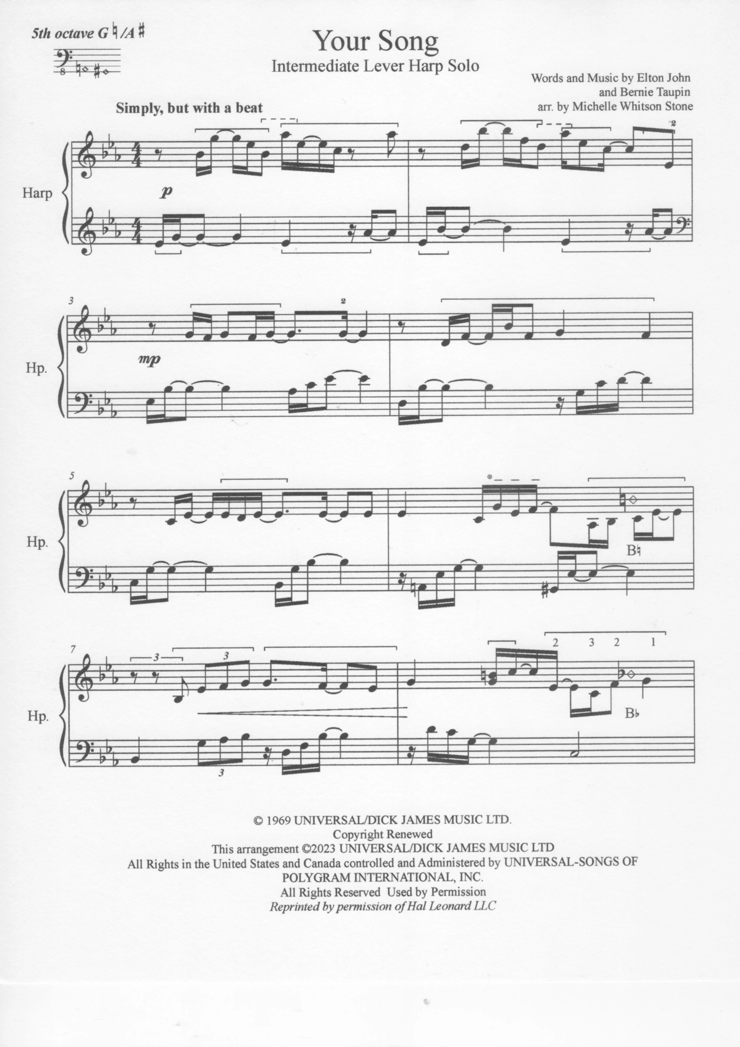 Sheet music titled 'Your Song' for intermediate lever harp solo, composed by Elton John and Bernie Taupin, arranged by Michelle Whitson Stone, featuring musical notation and instructions.