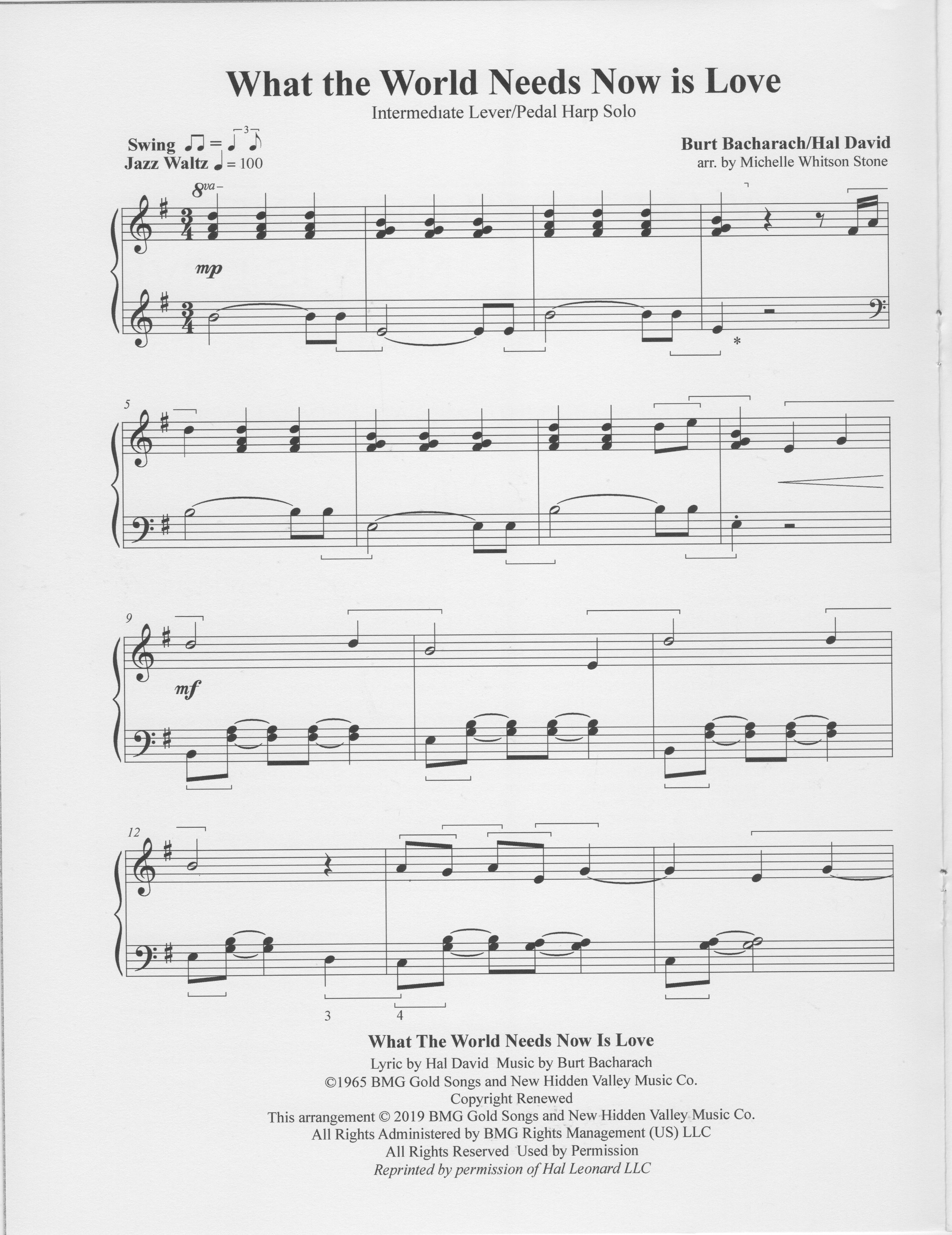 Sheet music titled "What the World Needs Now is Love" arranged for intermediate lever/pedal harp solo by Michelle Whitson Stone, composed by Burt Bacharach and Hal David, with copyright information from 1965 and 2019.