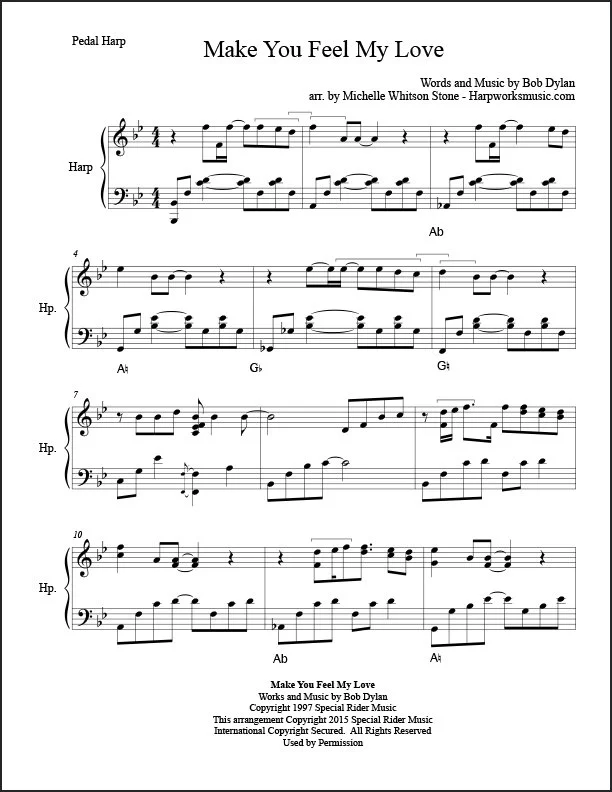 Sheet music for the song "Make You Feel My Love" arranged for pedal harp and harp, with musical notes and chords notated.