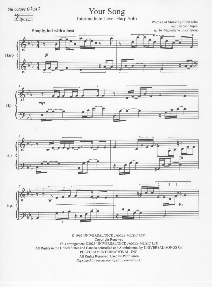 Sheet music titled 'Your Song' for intermediate lever harp solo, composed by Elton John and Bernie Taupin, arranged by Michelle Whitson Stone, featuring musical notation and instructions.