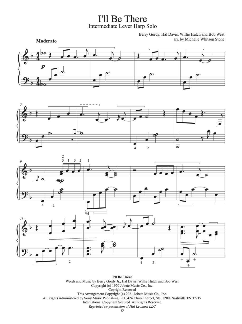 Sheet music for the song "I'll Be There," an intermediate lever harp solo by Berry Gordy Jr., Hal Davis, Willie Hutch, and Bob West, arranged by Michelle Whitson Stone.