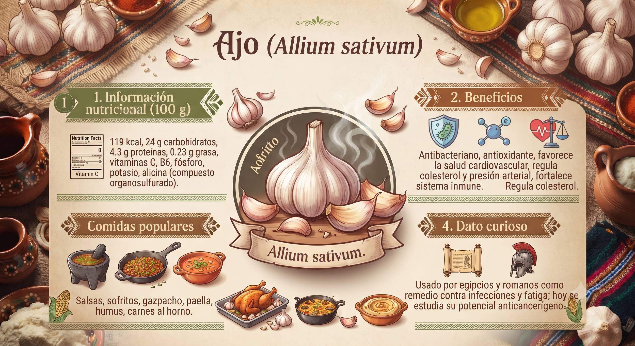 Información nutricional y beneficios del ajo, con ilustraciones de ajo, salsas, y platos tradicionales en un fondo decorativo con alimentos y utensilios de cocina.