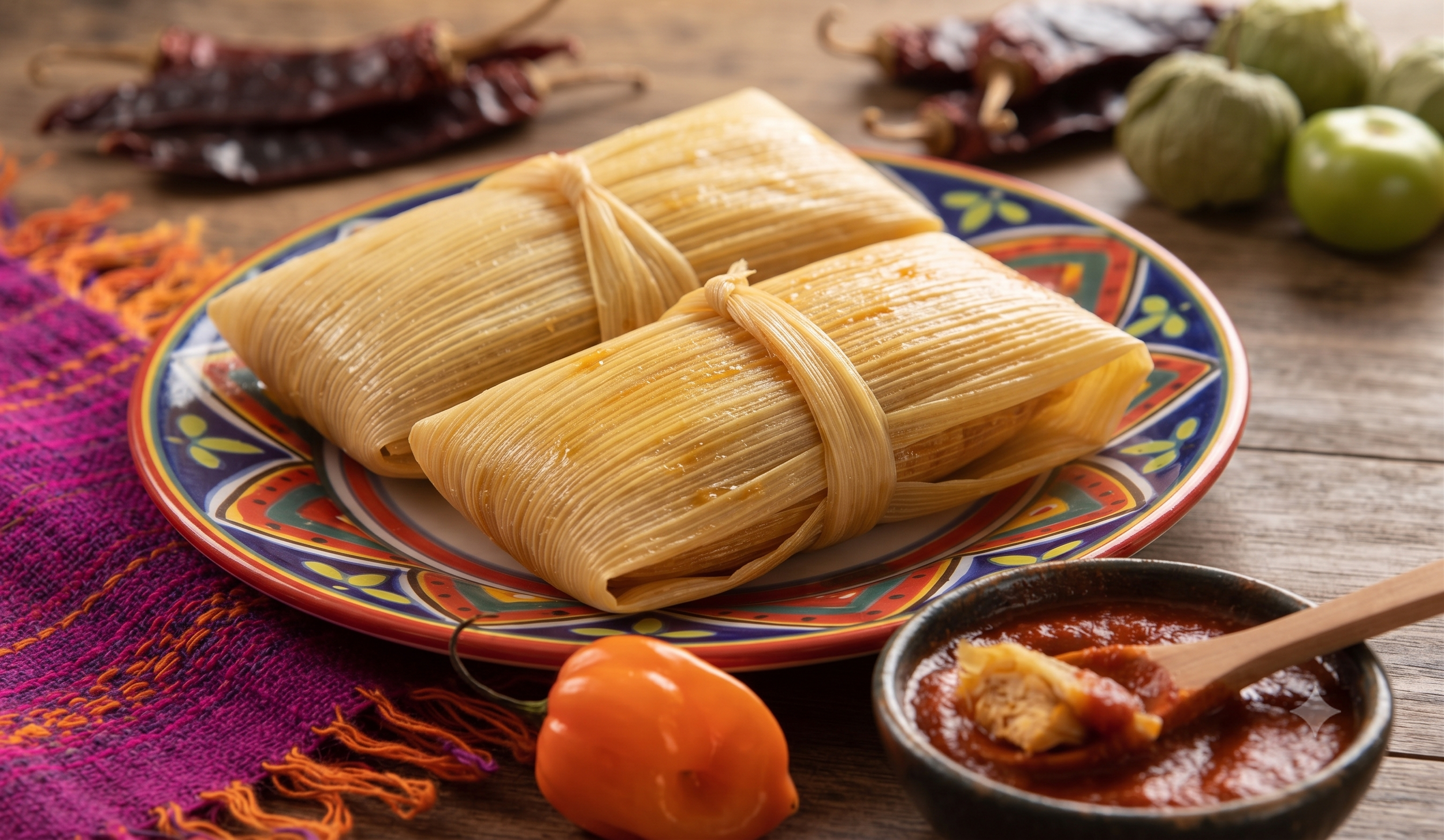 Tamales de maíz en plato decorado con un borde colorido, acompañados de salsa y un chile en una mesa de madera, con ingredientes y utensilios tradicionales en el fondo.
