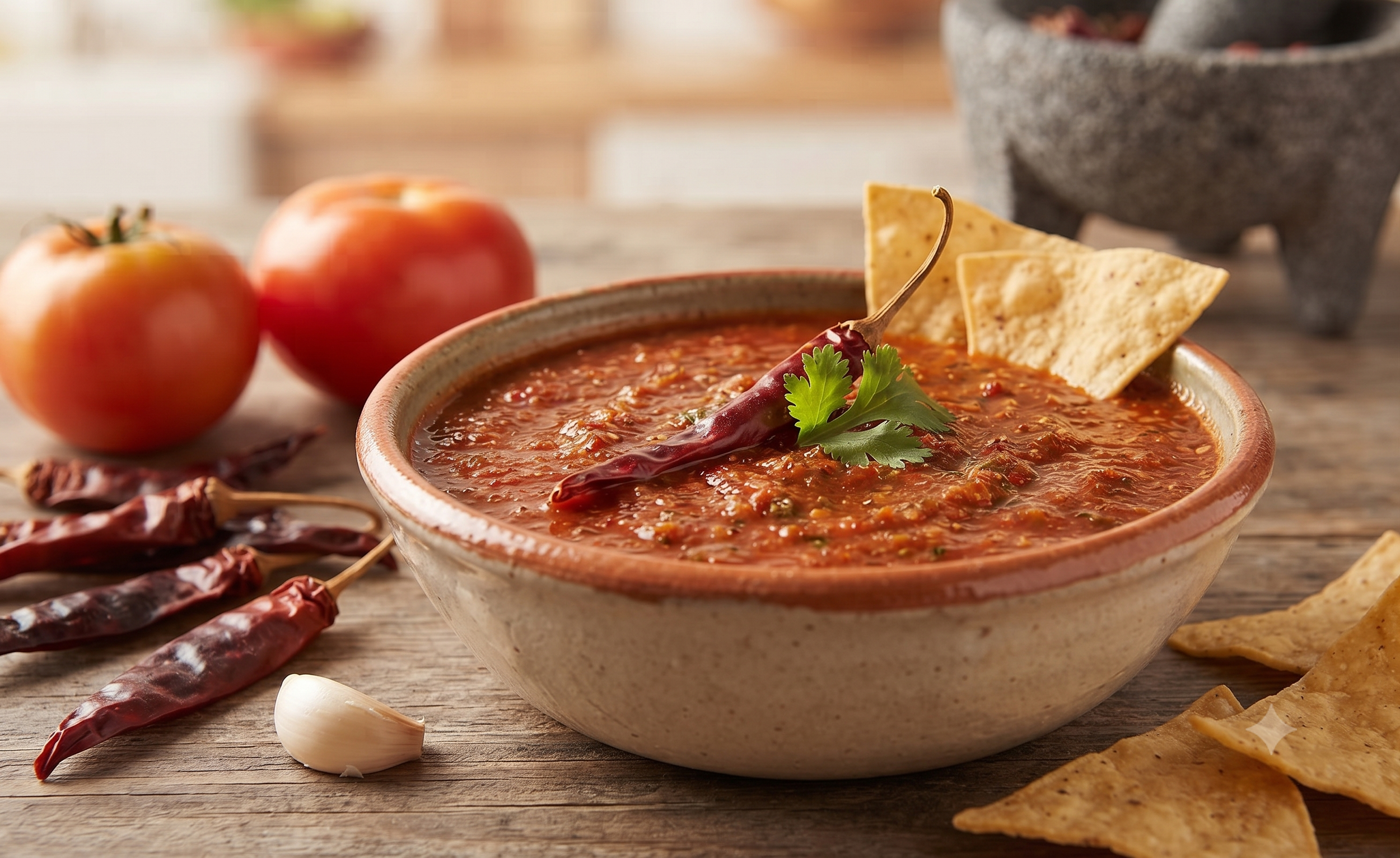 Un tazón de menudo con cuchara, rodajas de ajo, chiles secos, y totopos en un ambiente de cocina