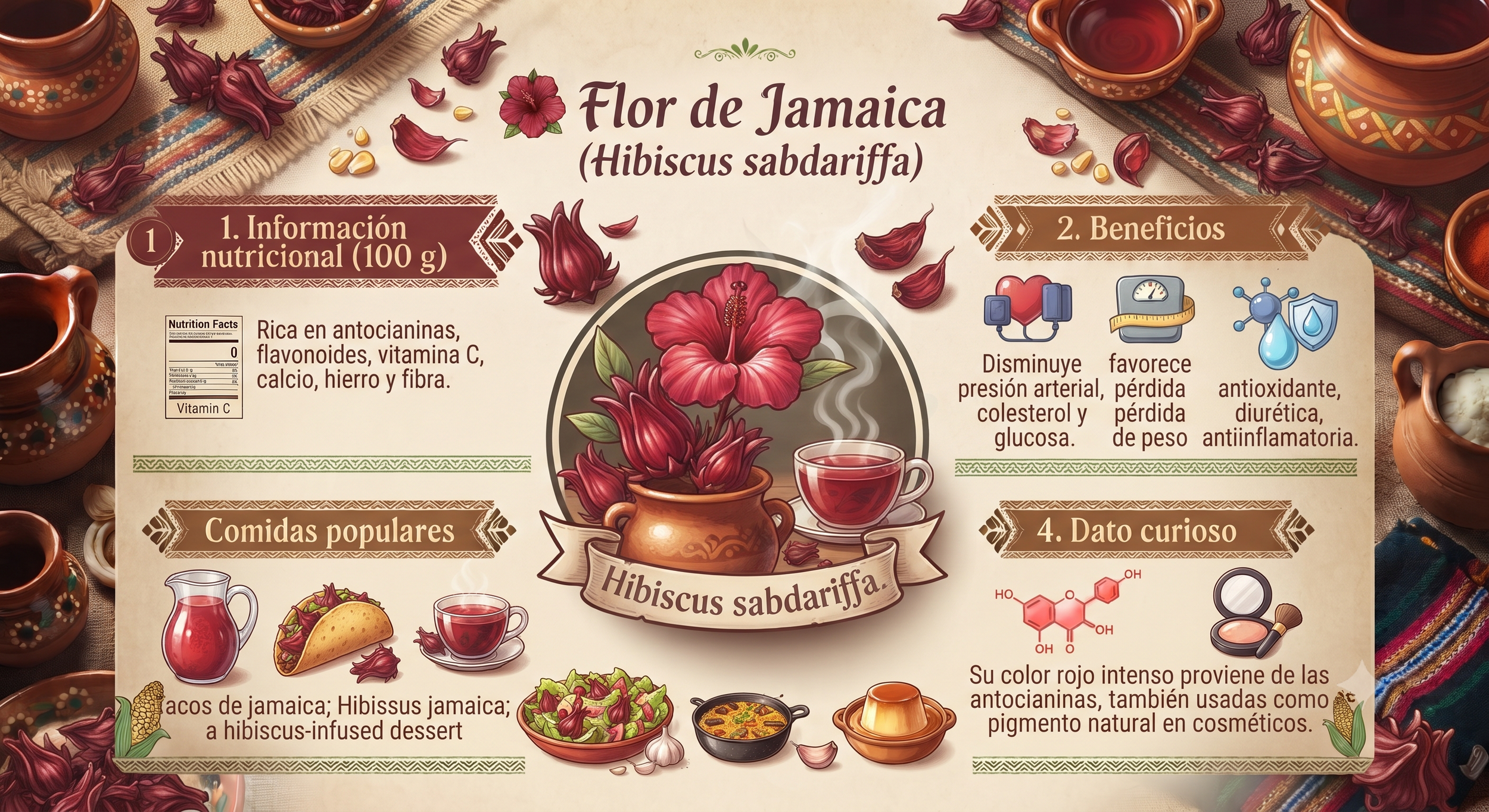 Infografía sobre la flor de Jamaica (Hibiscus sabdariffa), que incluye información nutricional, beneficios para la salud, comidas populares y un dato curioso. La imagen muestra flores secas de Jamaica, tazas con té, salsa, y otros alimentos tradicionales. También presenta un esquema químico y un gráfico, con un fondo decorativo y utensilios de cerámica.