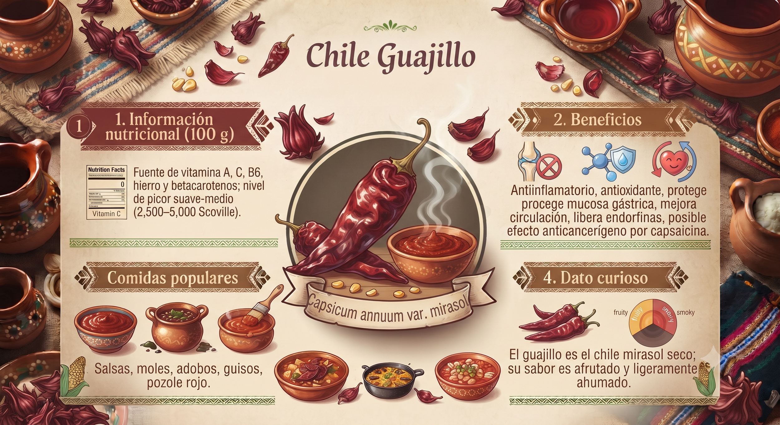 Infografía sobre Chile Guajillo, detallando su valor nutricional, beneficios para la salud, comidas populares que lo utilizan y un dato curioso, con ilustraciones de chiles guajillo, salsas, guisos y otros ingredientes mexicanos.
