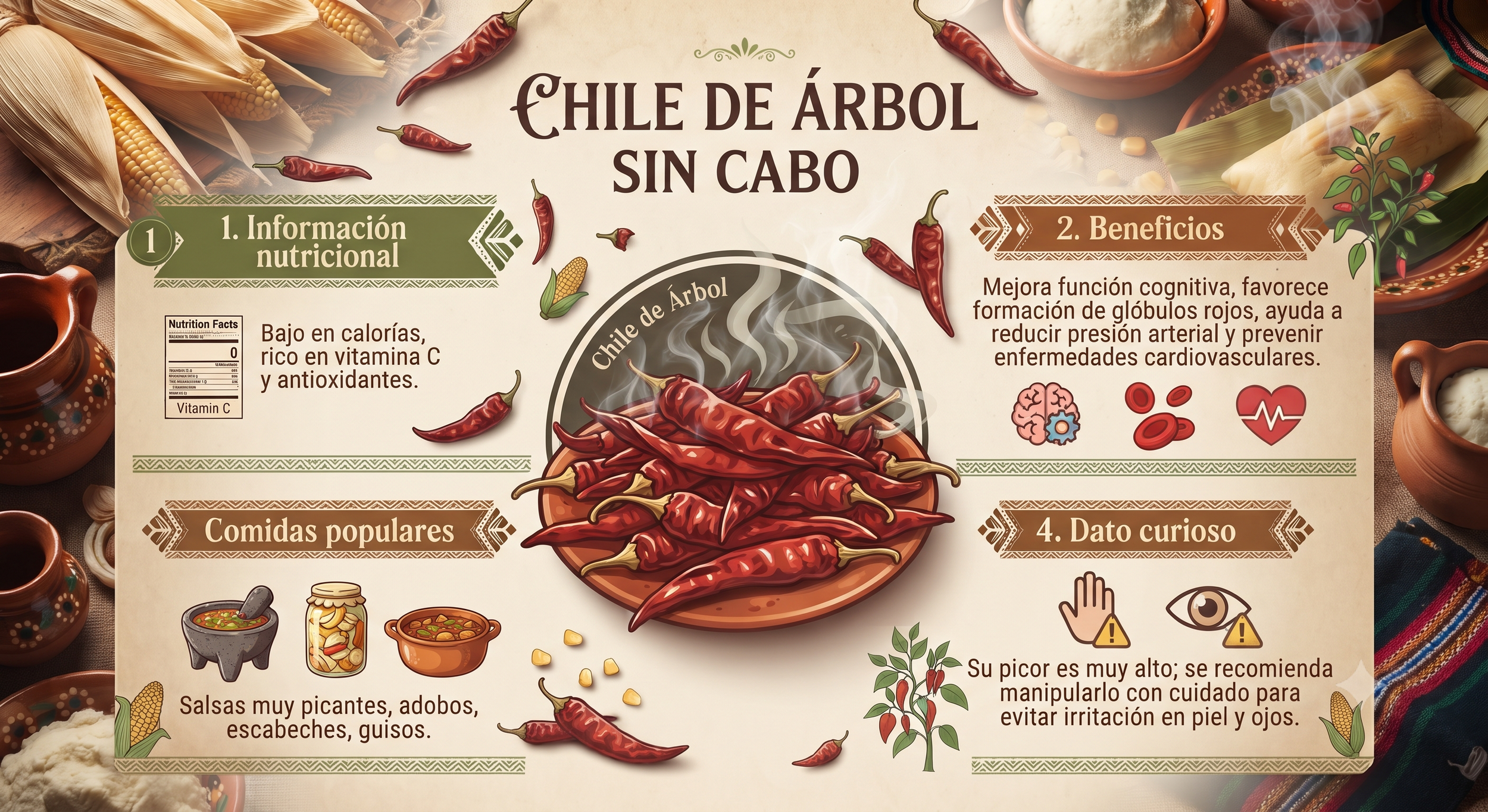 Información nutricional y beneficios del Chile de árbol sin cabo, con una imagen central de chiles de árbol, en un fondo decorativo con otros ingredientes tradicionales mexicanos como maíz, semillas y salsas, acompañado de íconos de salud y comida.