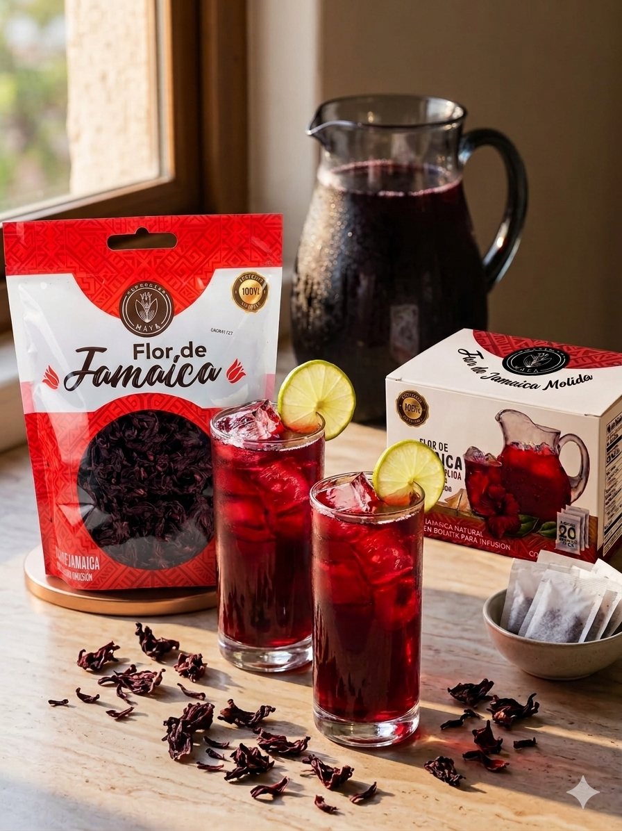 Taza con bebida roja con hielo y rodaja de limón, junto a paquete de flor de jamaica, caja con producto de jamaica molida, jarra con más bebida, y pequeñas flores secas de jamaica en la mesa.