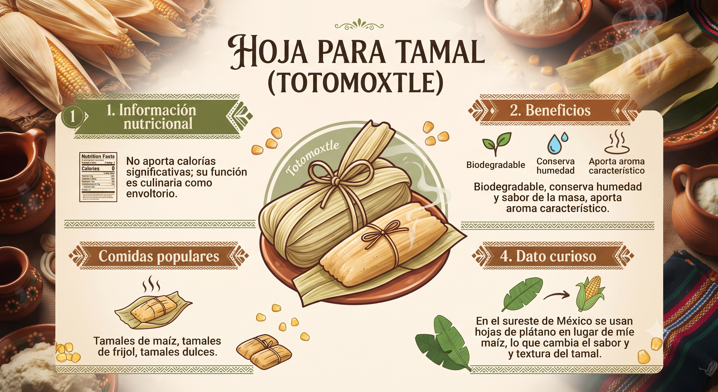 Infografía sobre la hoja para tamal (totomoxle), con información nutricional, beneficios, comidas populares y un dato curioso, con ilustraciones de tamales y hojas de plátano.