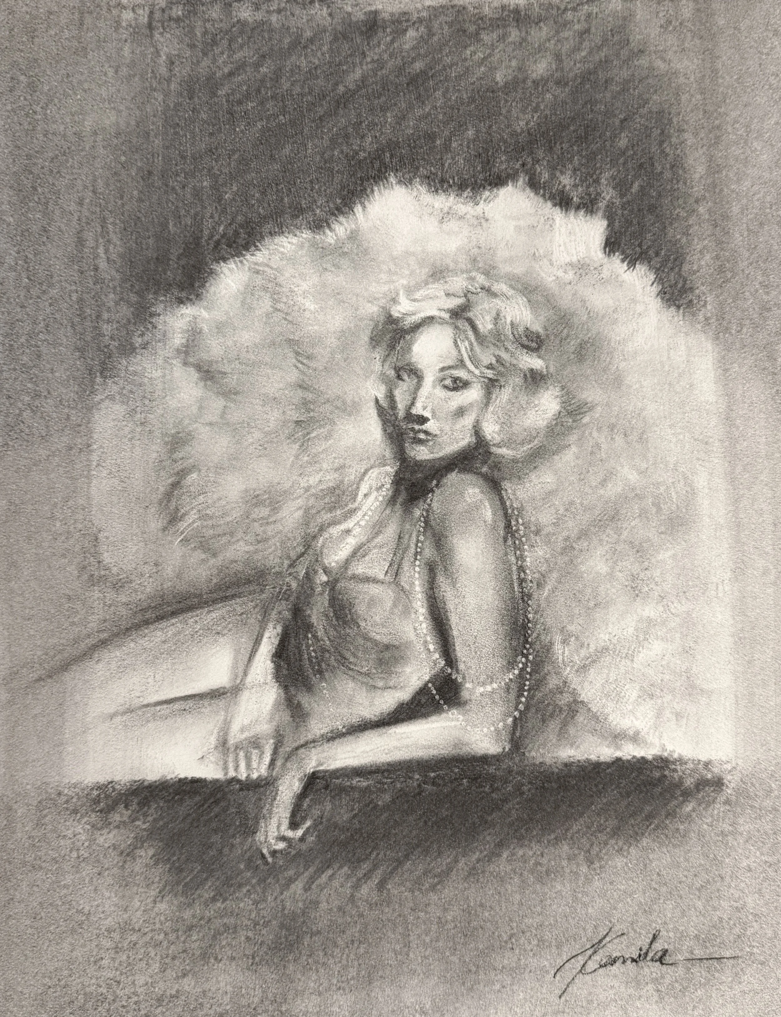 Covered in pearls. Charcoal. 11" x 14" Available