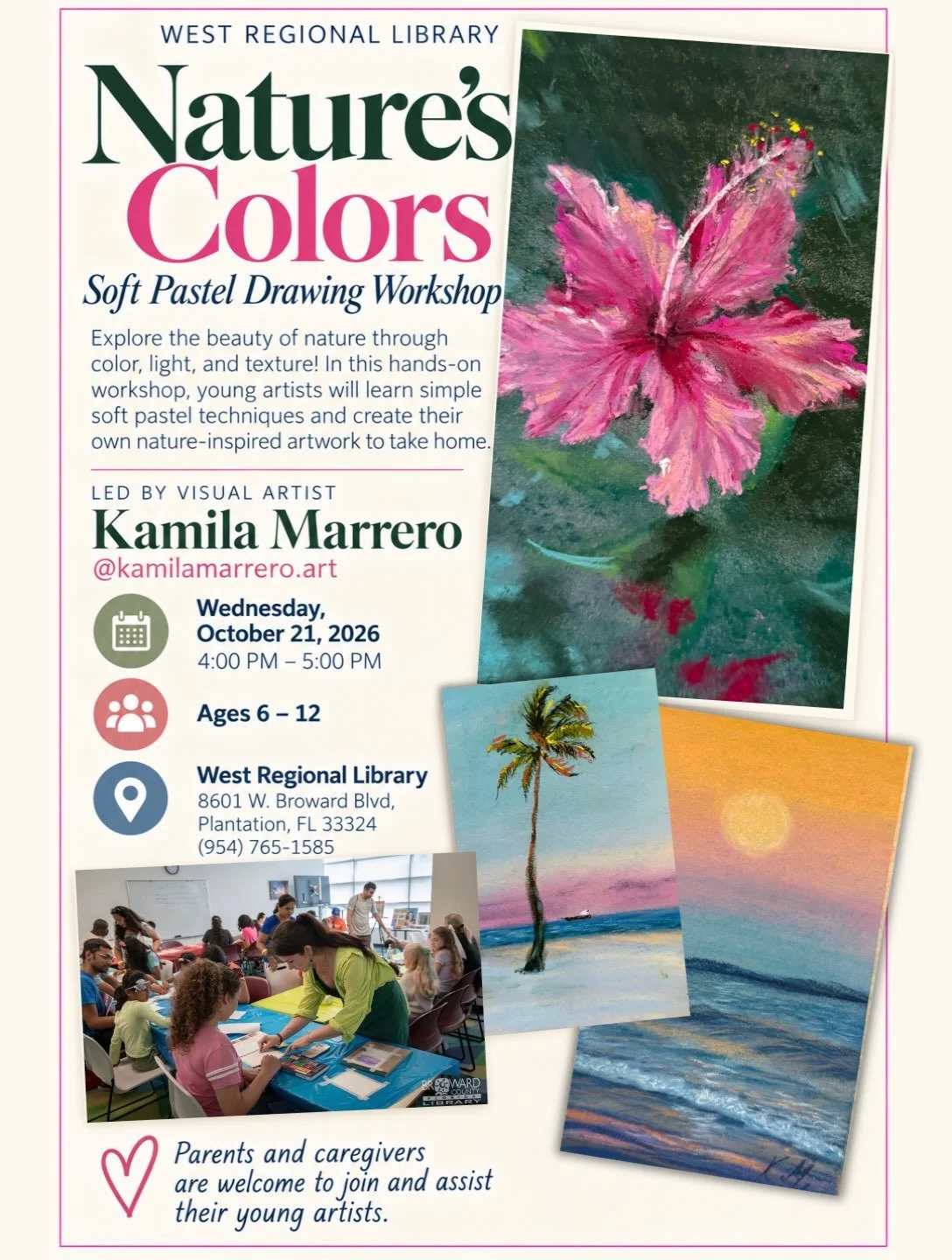 🌺Let&rsquo;s explore Nature&rsquo;s Colors together!

Join me for a fun and creative Soft Pastel Drawing Workshop as part of Creative STEAM  program at West Regional Library October 21 4pm!

Young artists will explore color, light, and texture while