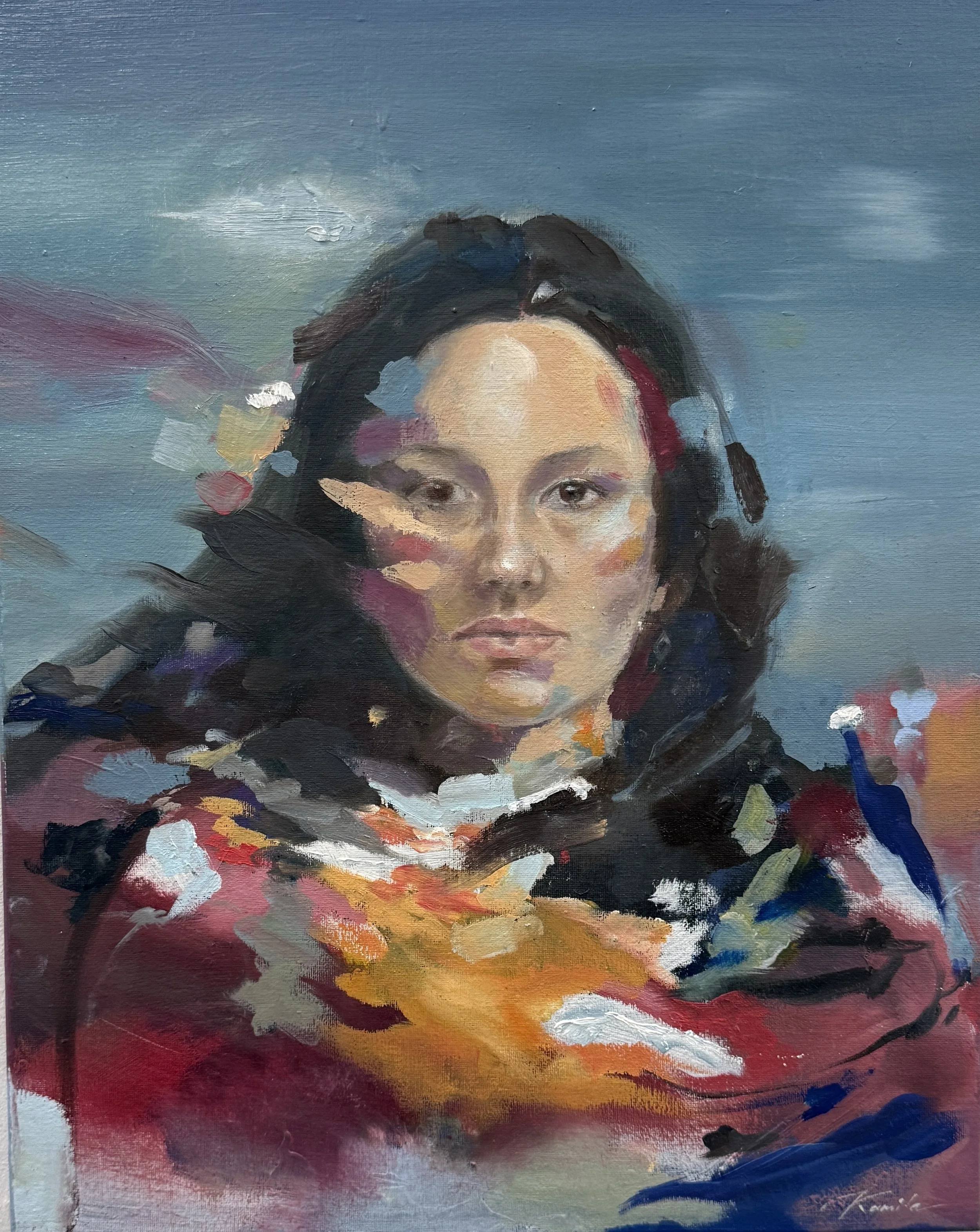 An abstract self-portrait. Woman with long dark hair, painted with expressive brush strokes in vibrant colors, against a blurred background. Artist: Kamila Marrero