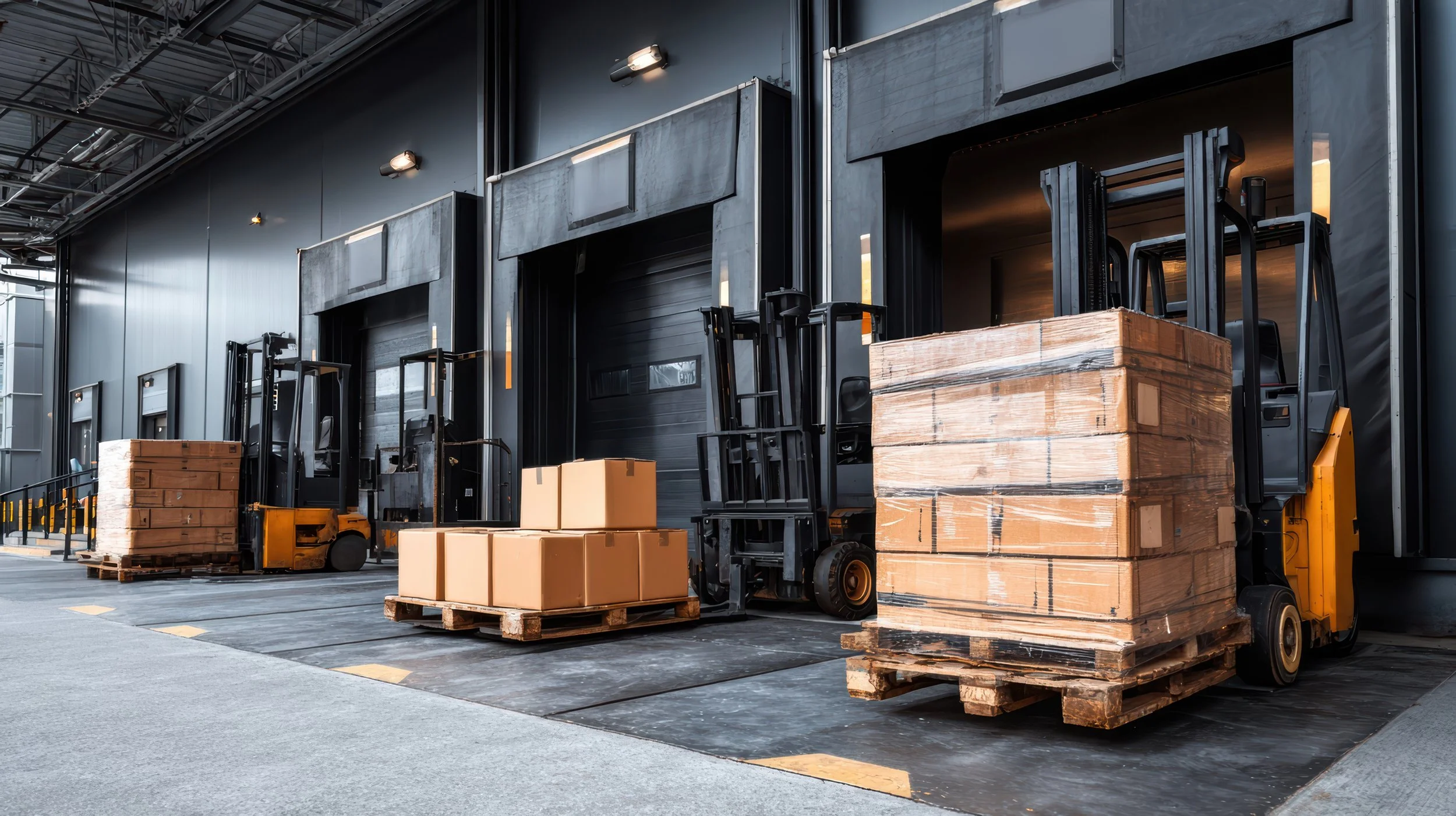 Forklifts moving pallets of cardboard boxes inside a modern warehouse loading dock.