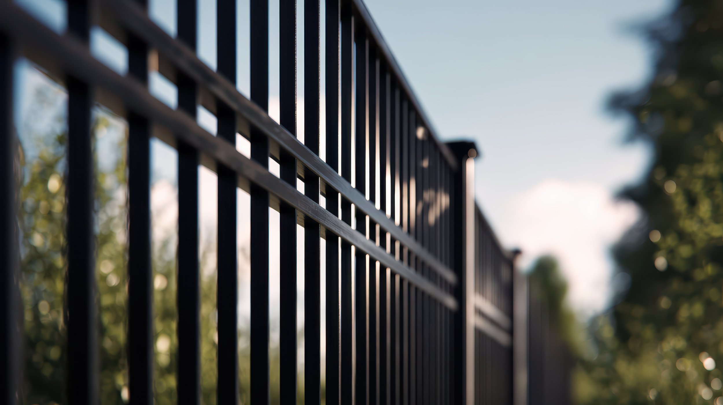 Close-up of a black metal fence with vertical bars, taken outdoors during daylight, with blurred green trees and a blue sky in the background.