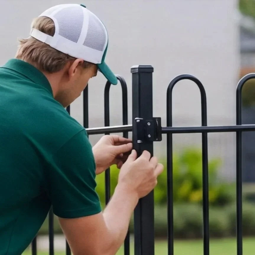 A man wearing a green shirt and a white and gray cap is installing a lock on a black metal fence.