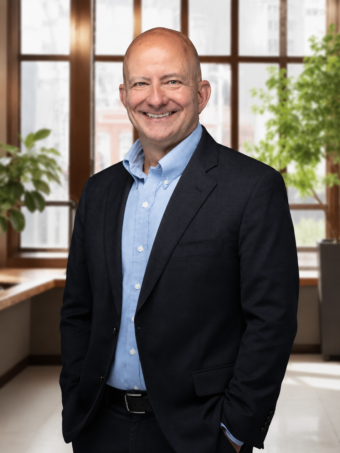 A smiling, bald man wearing a light blue collared shirt and a dark blazer, standing indoors with large windows in the background showing greenery outside.