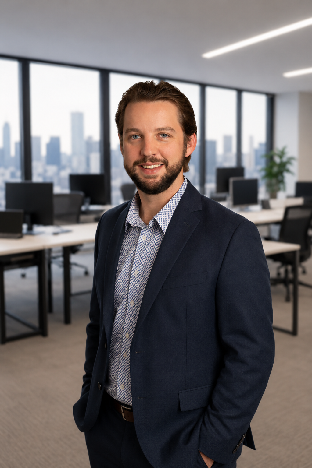 A smiling man with brown hair and blue eyes, wearing a dark blazer and a checked shirt, standing in a bright office with large windows and city skyline views in the background.