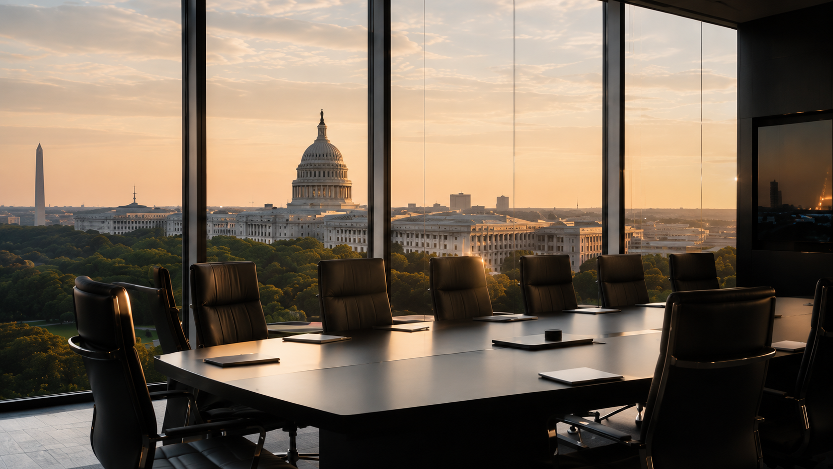 A conference room with a long table and black leather chairs, overlooking the U.S. Capitol building and Washington Monument through large floor-to-ceiling windows at sunset.