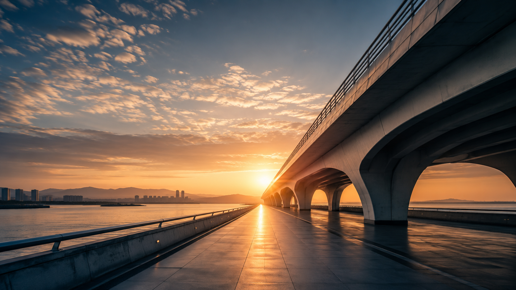 Sunset over a modern bridge with a city skyline and mountains in the distance.