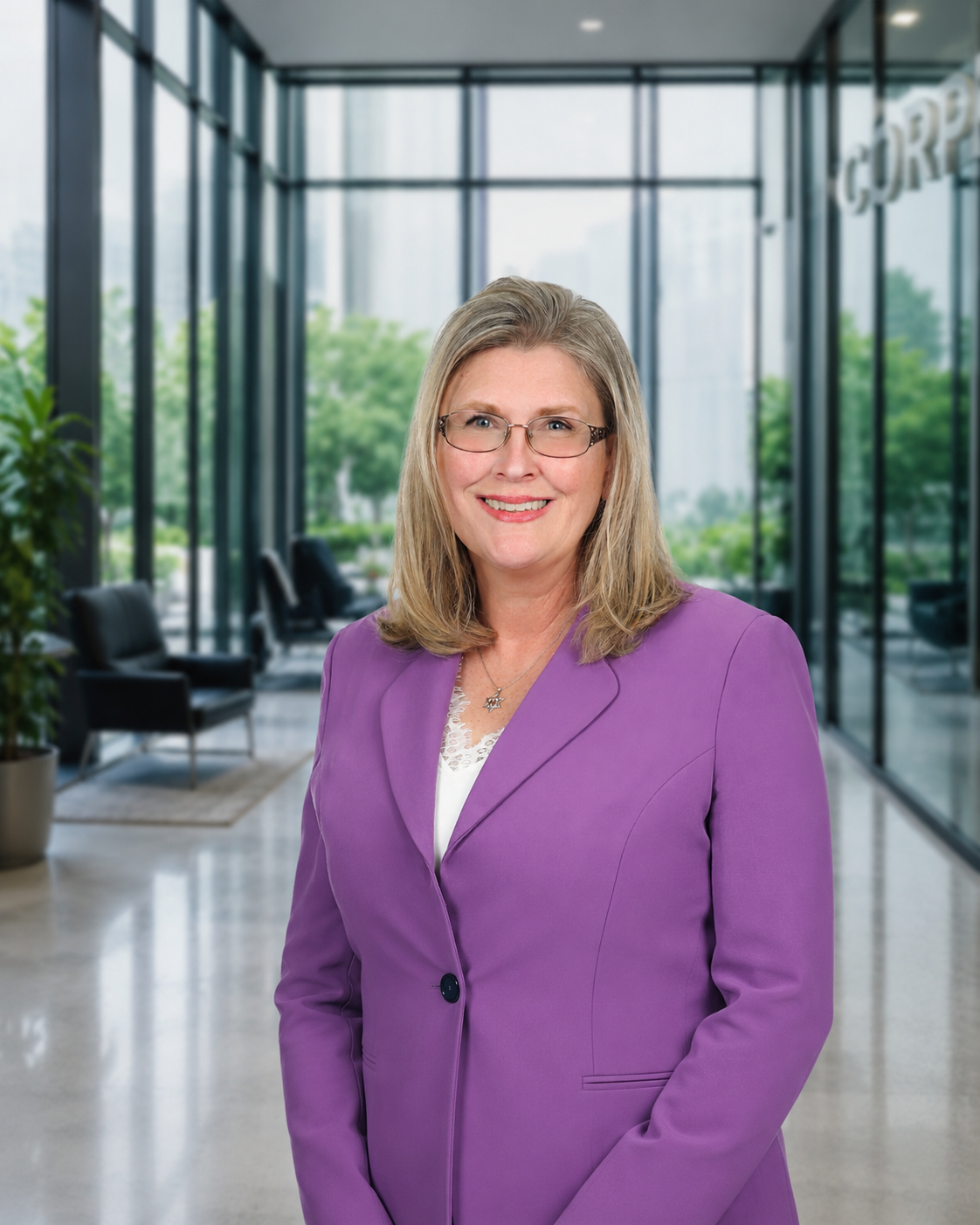A smiling middle-aged woman with shoulder-length blonde hair, wearing glasses, a lavender blazer, and a necklace with a star-shaped pendant, standing in a modern office building with glass walls and green trees visible outside.