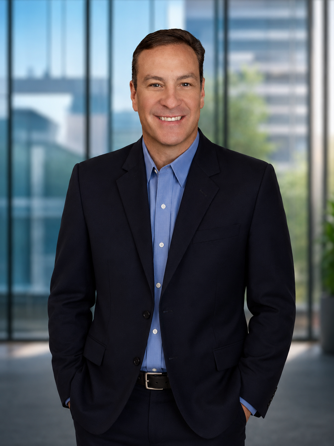 A smiling man in a black suit jacket and light blue shirt, standing indoors with large windows and a modern building exterior in the background.