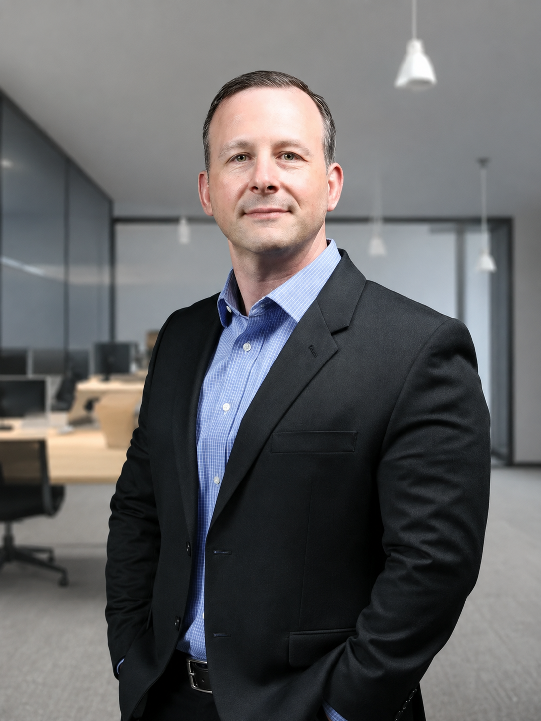 A professional man wearing a dark suit and a light blue shirt, standing in an office with a modern background.