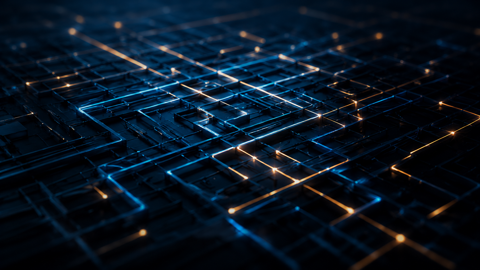 A close-up of a digital circuitry or electronic circuit board pattern with illuminated blue and orange lines.