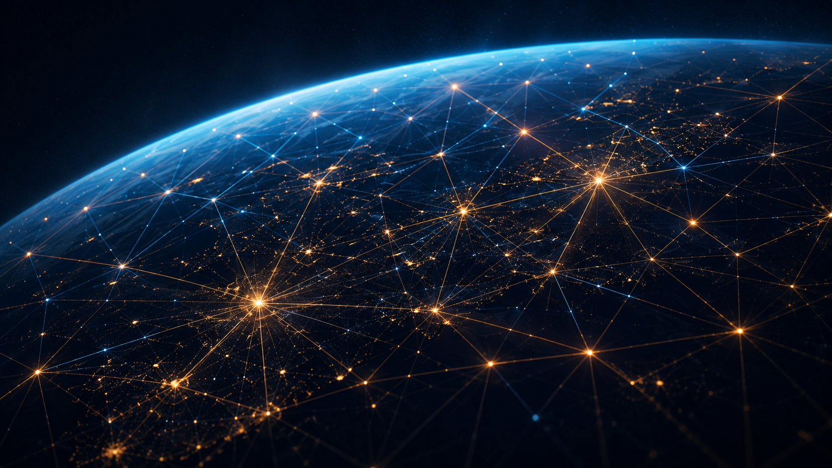 An illustration of Earth from space with a network of glowing interconnected lines and nodes representing global connectivity and data networks.