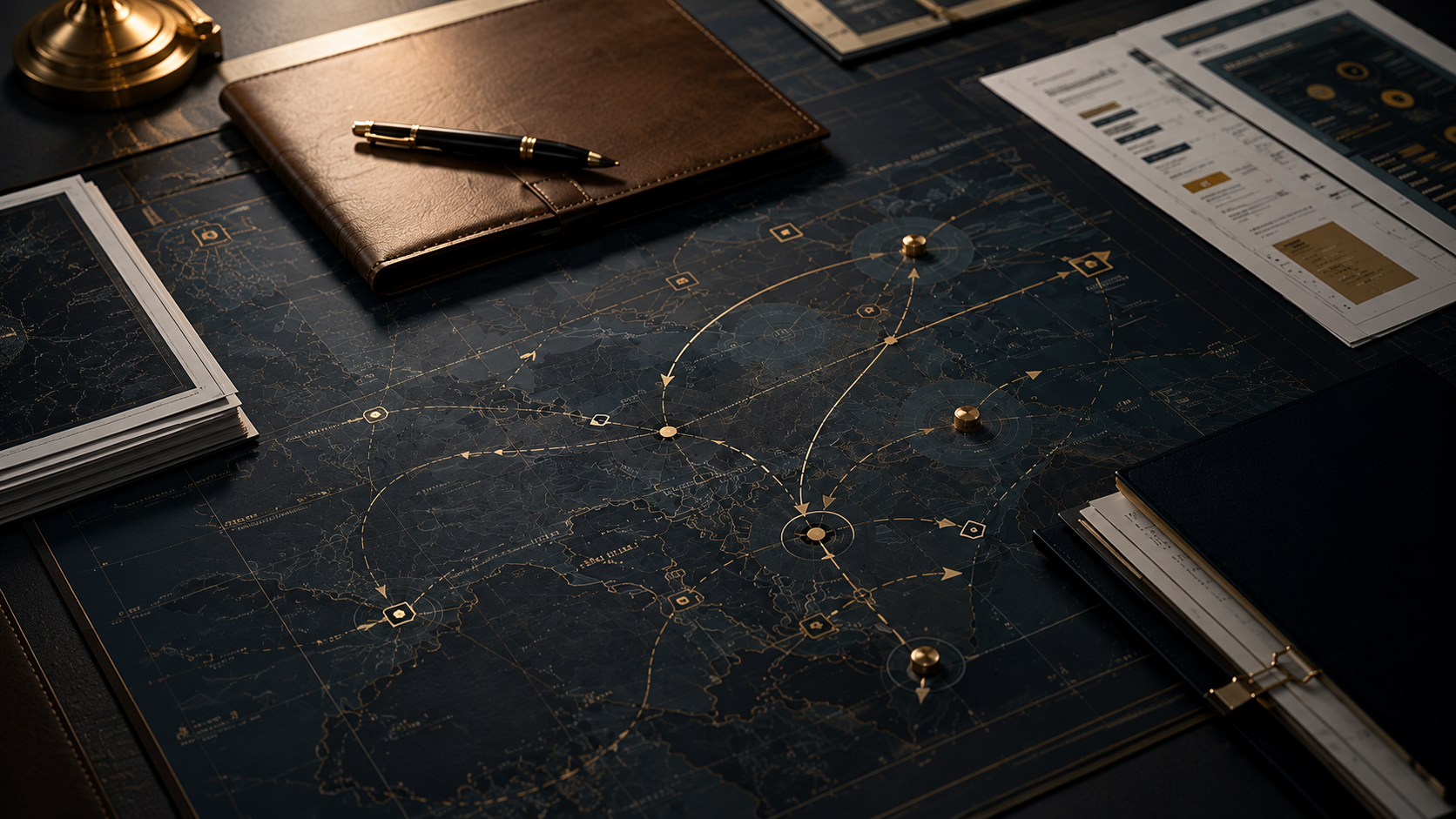 A dark, detailed map with gold accents, surrounded by papers, a leather notebook, a pen, and a gold desk lamp.