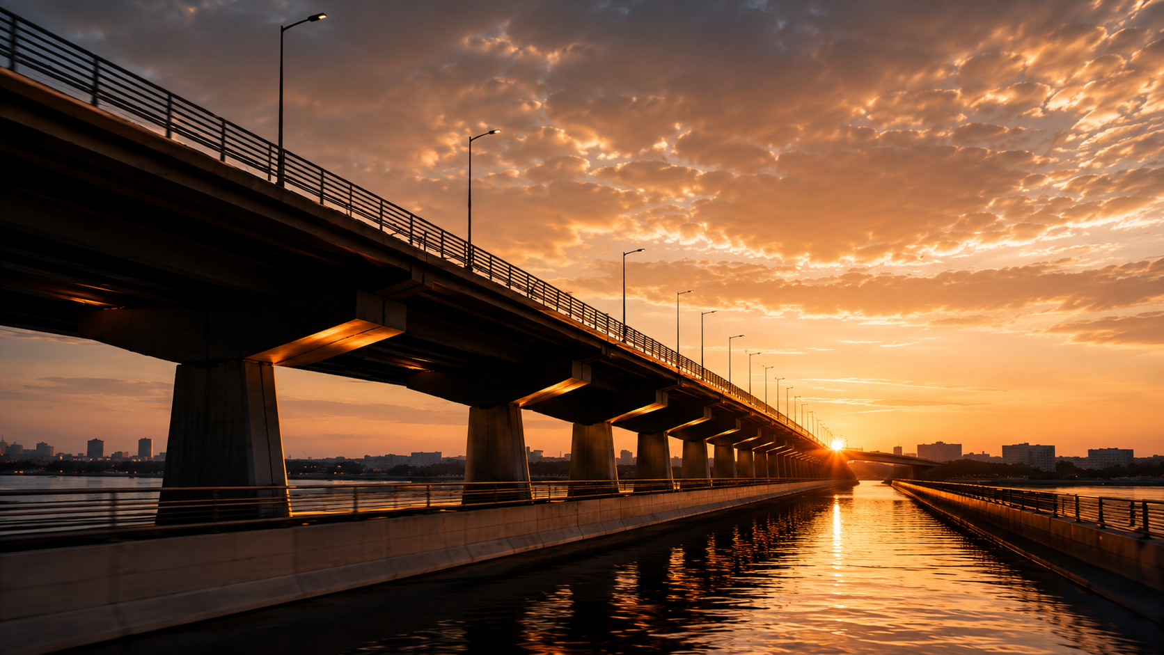 A bridge over water during sunset with some buildings in the distance and a cloudy sky.
