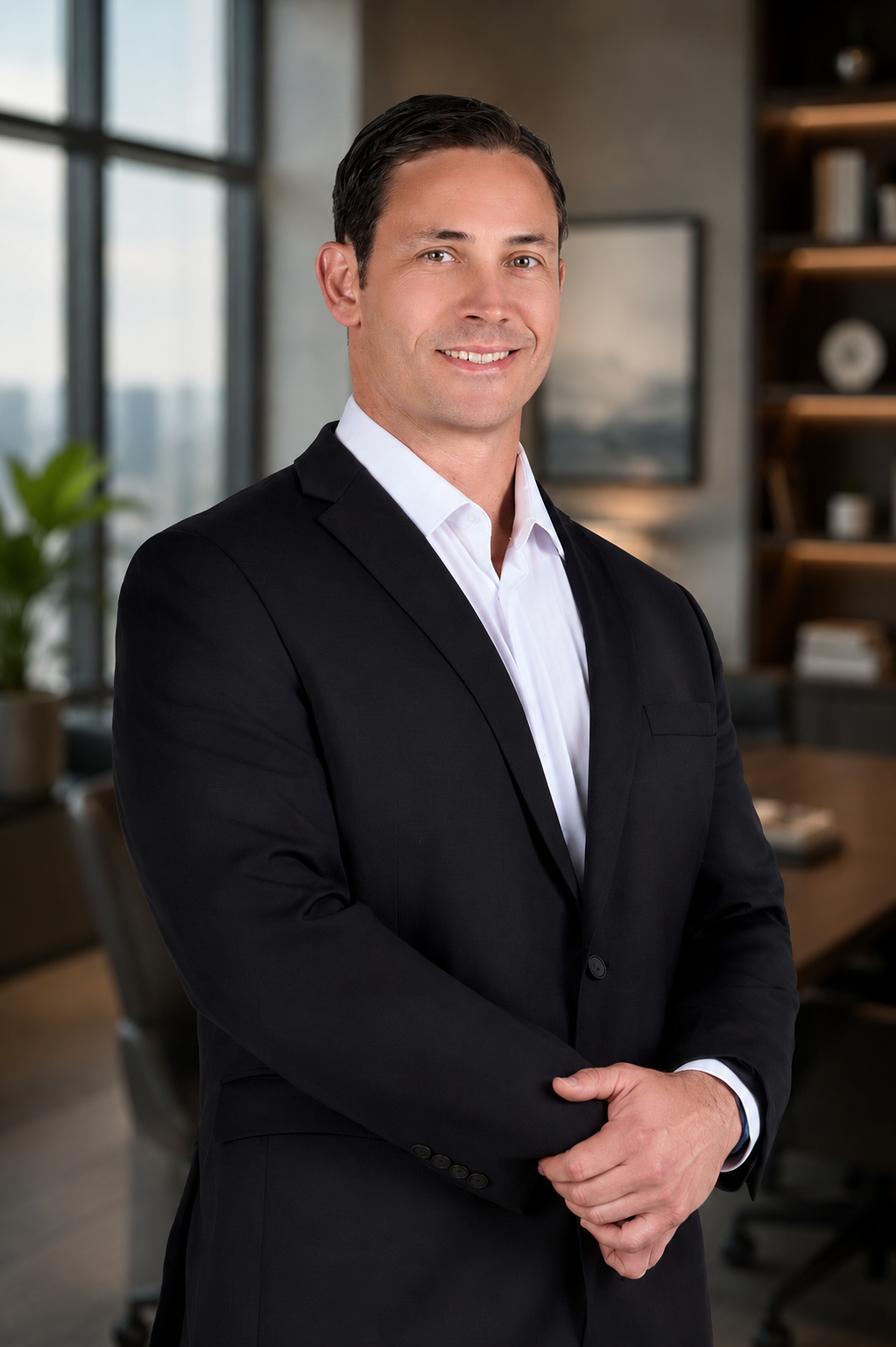 A man in a black suit with a white shirt smiling and standing with arms crossed in a modern office with large windows and bookshelves.
