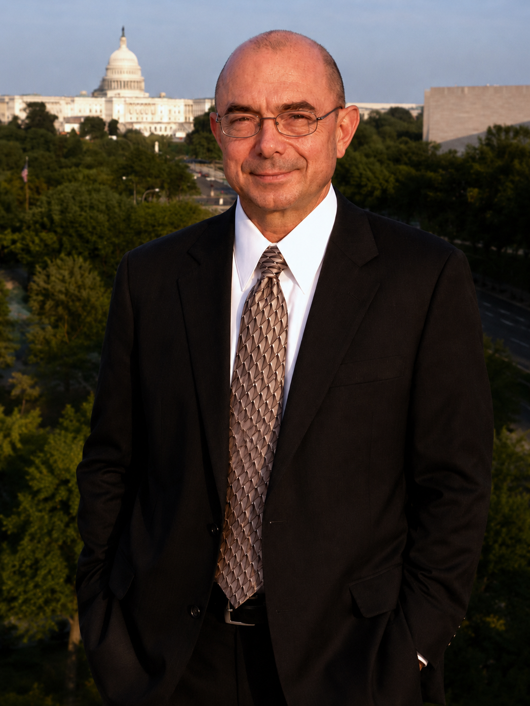 A man in a suit and tie standing in front of the U.S. Capitol with trees and a street in the background during daytime.