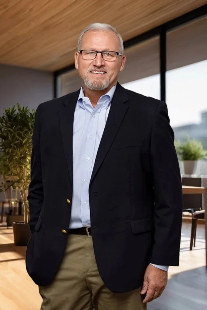 A middle-aged man with glasses and gray hair, wearing a navy blazer, light blue dress shirt, and khaki pants, standing indoors with a modern wood-paneled ceiling and large window in the background.