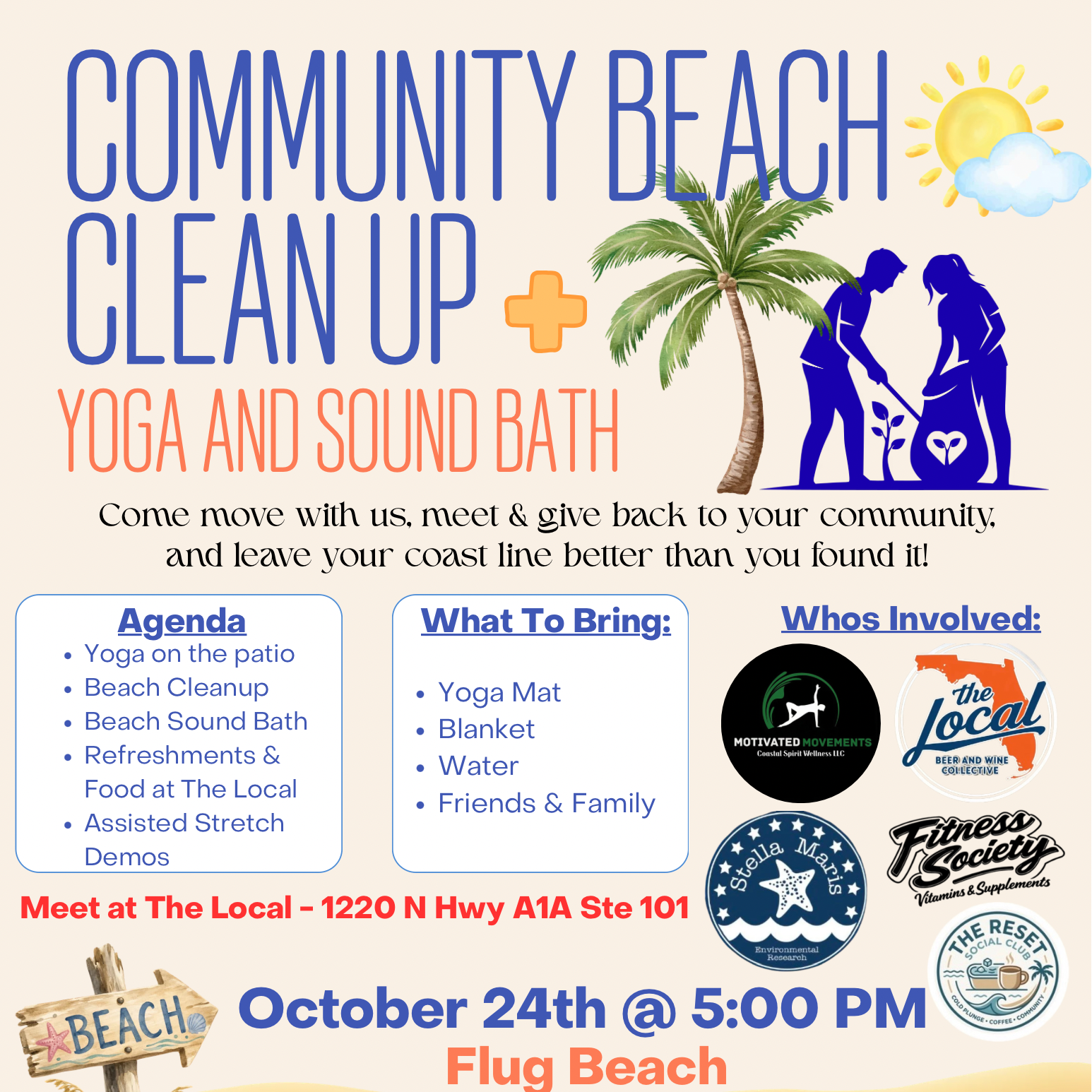 Yoga, sound bath, and beach clean up charity event.