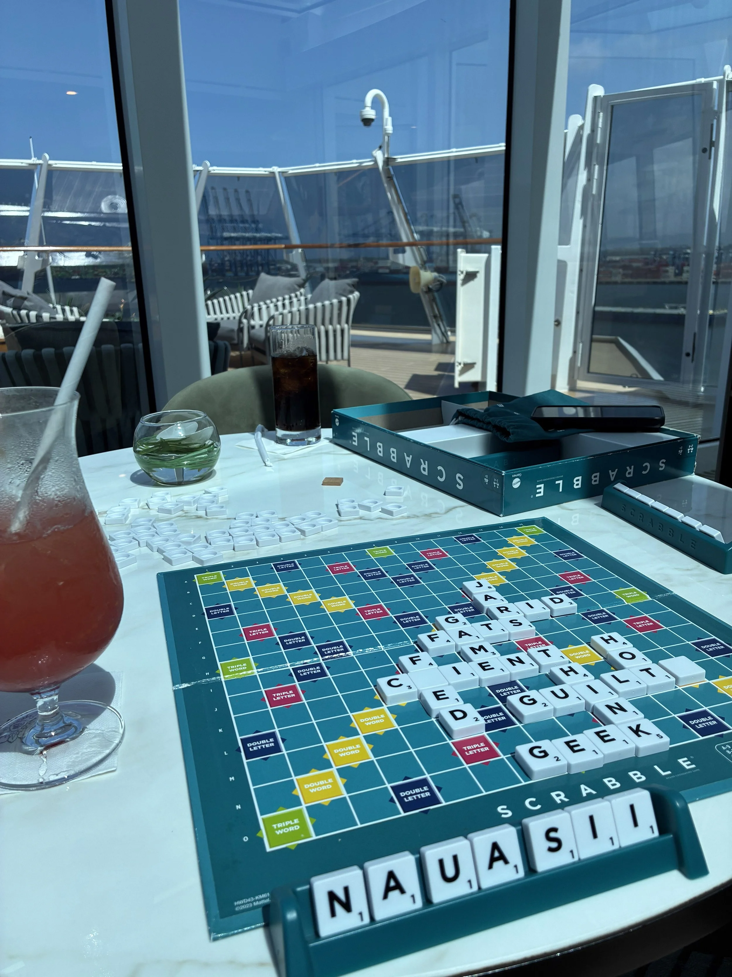 A game of Scrabble on deck.