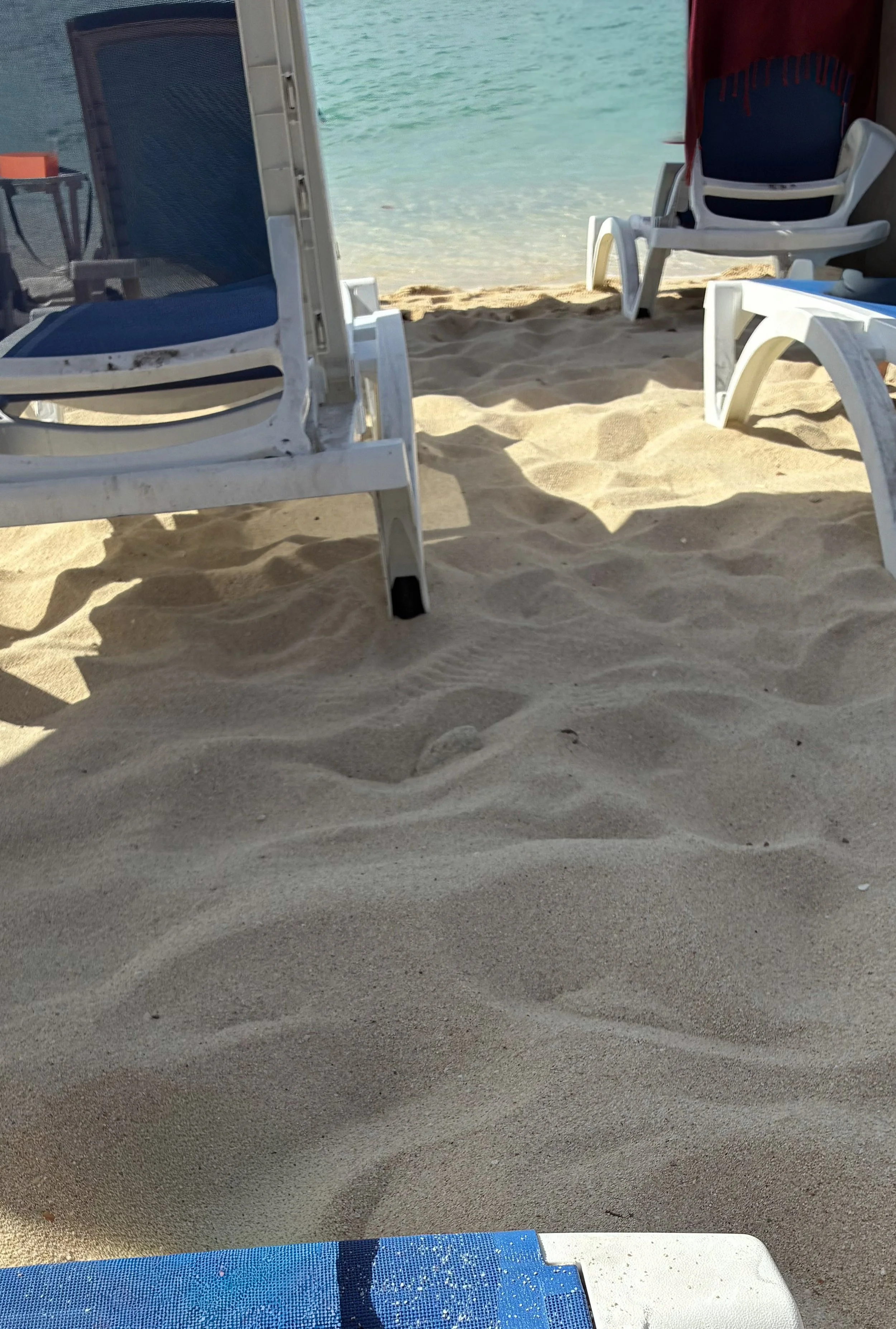 Lounge chairs on the beach.