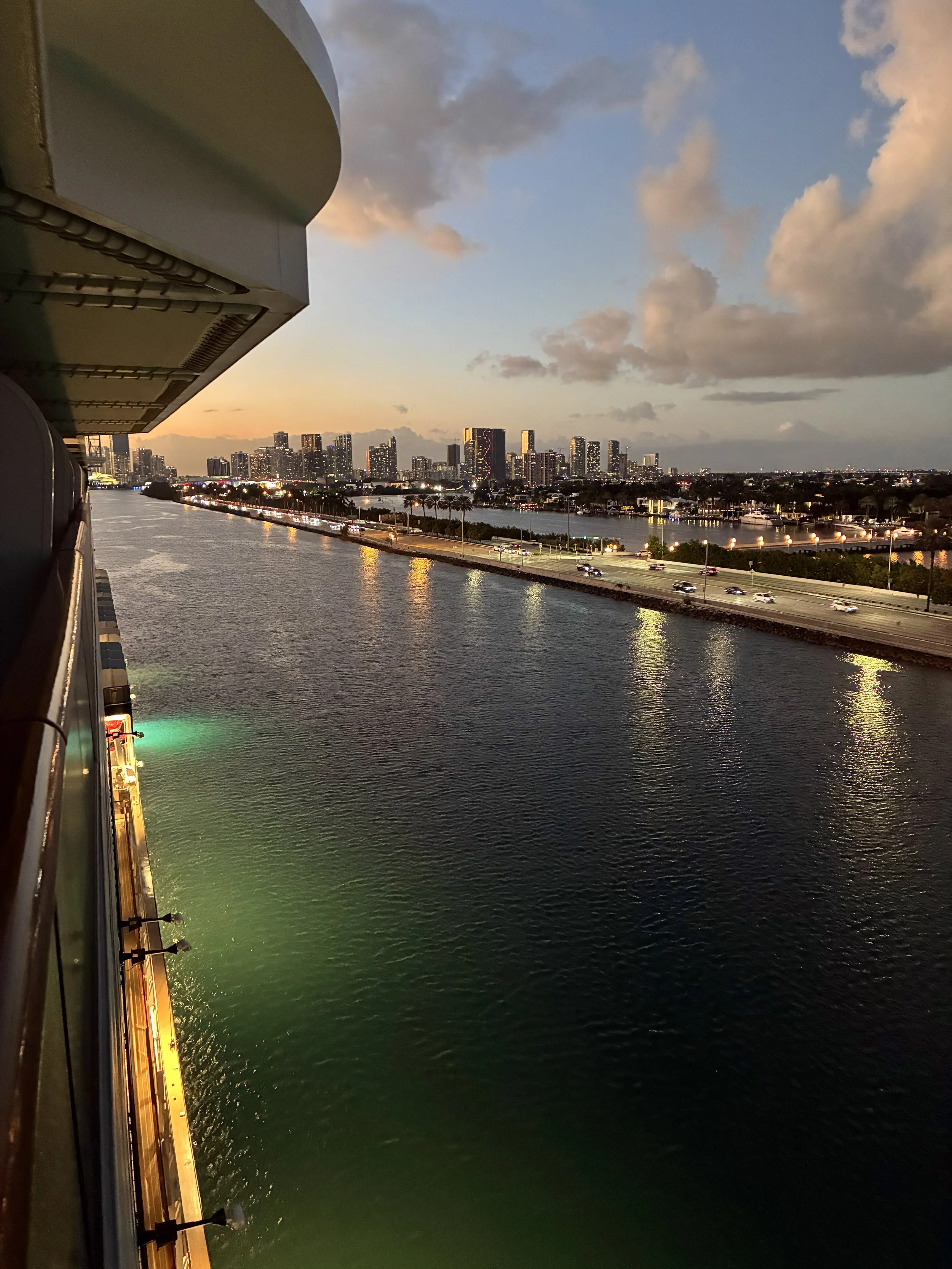 Sailing away at sunset.