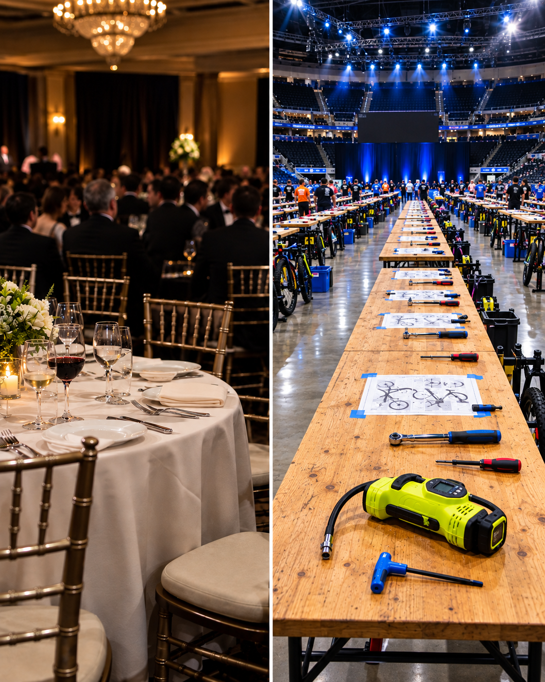 Left side shows a formal event with a round table set with wine glasses, plates, and utensils in a luxurious ballroom with gold chairs and chandeliers. Right side depicts an indoor cycling event arena with rows of bikes, tables with bike repair tools and diagrams, and bright stage lighting.