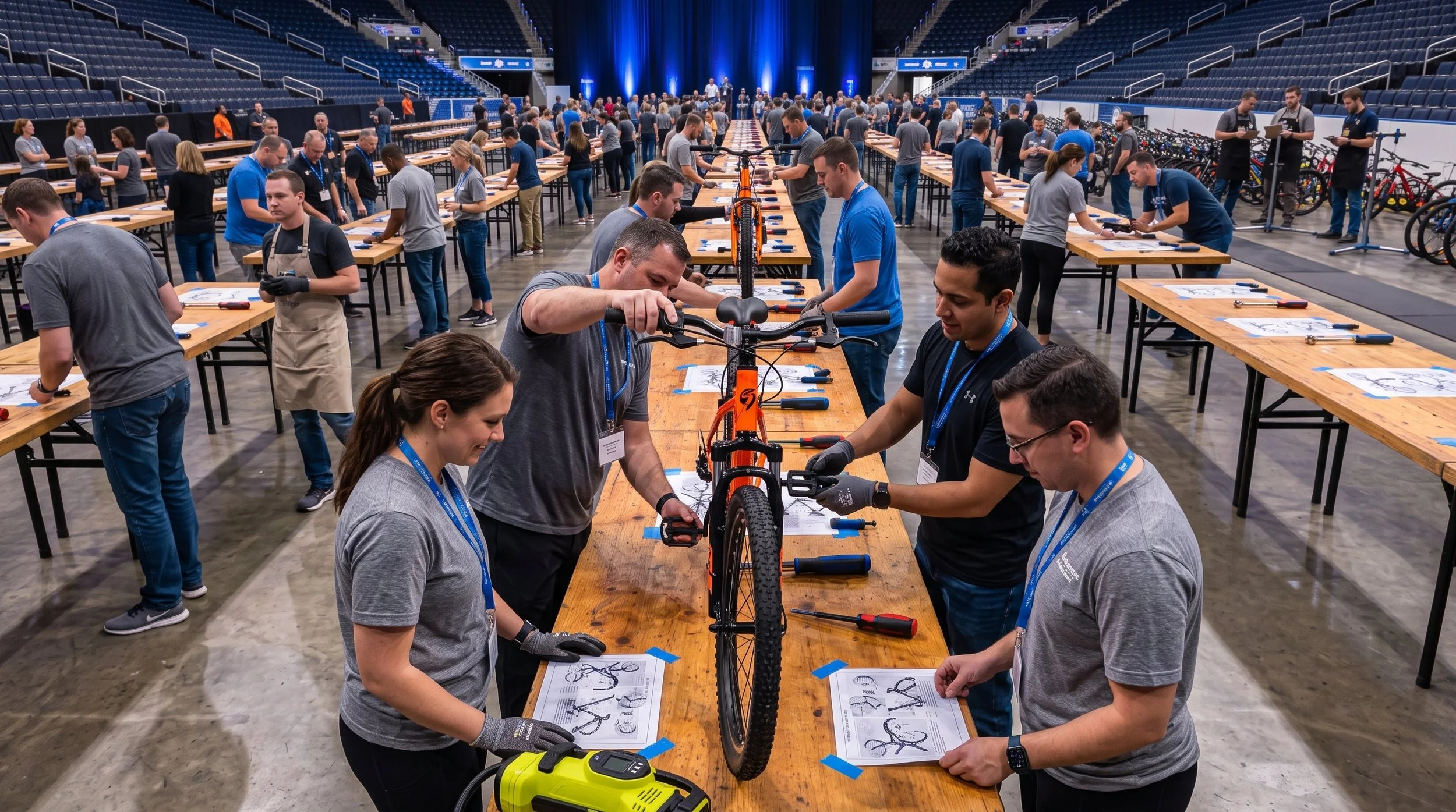 People working on assembling bicycles in a large indoor workshop, with rows of workstations and cycling equipment in the background.