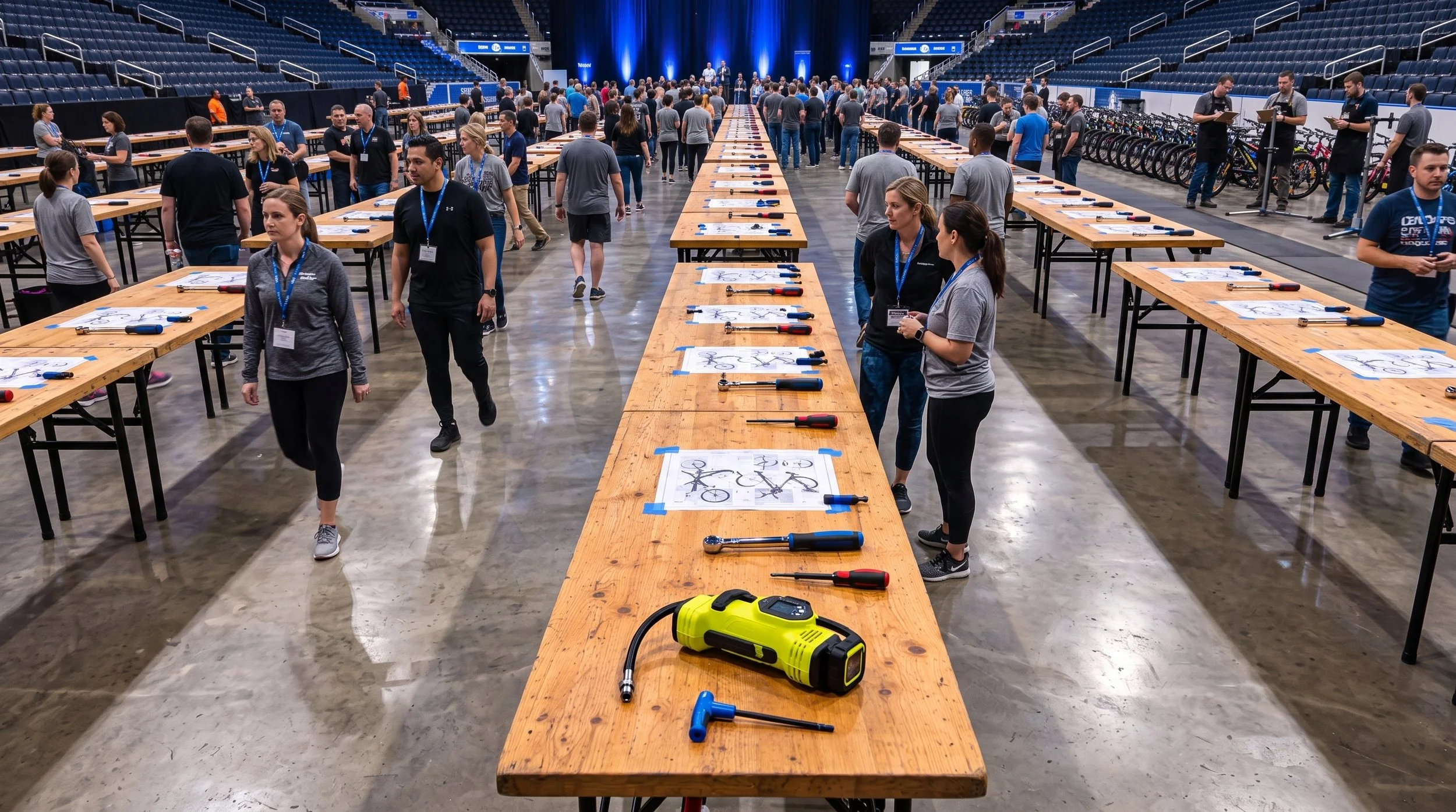 A large indoor event space with multiple long tables set up in rows, many people walking around and preparing. The tables have diagrams of bicycles and various tools placed on them. There are bicycles lined up on the right side, and the background features a stage or presentation area with blue lighting.