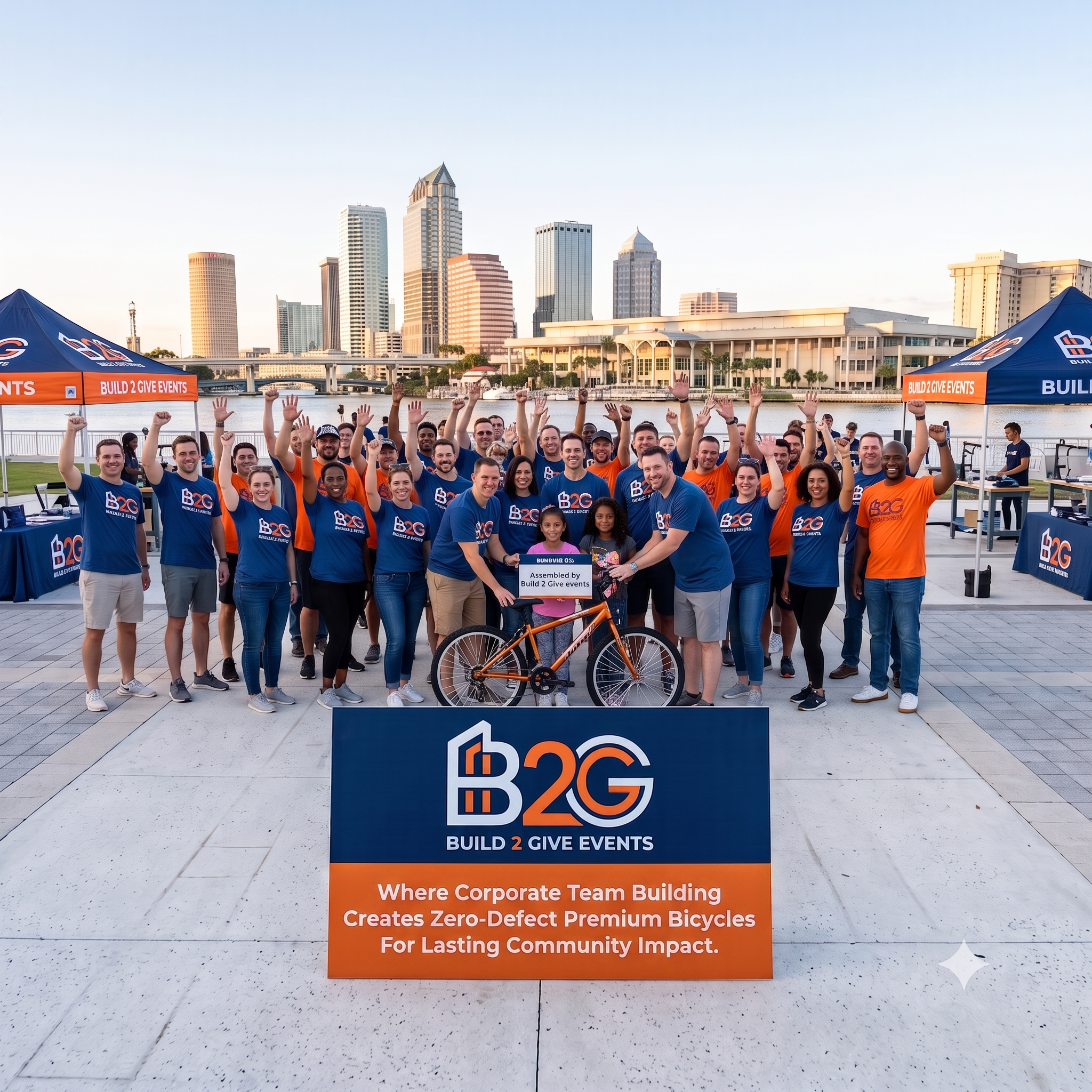 A group of diverse people smiling and raising their hands at a corporate team building event near the waterfront with a city skyline in the background. There are tents with banners that read 'Build 2 Give Events'.
