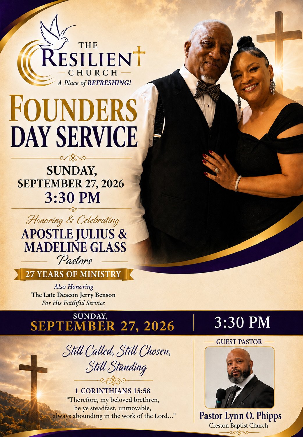A church flyer for The Resilient Church's Founder’s Day Service on Sunday, September 27, 2026, at 3:30 PM, honoring Apostles Julius and Madeline Glass, with a guest pastor Lynn O. Phipps. The flyer features a photo of a smiling elderly man and woman, and a smaller photo of Pastor Lynn O. Phipps, with religious symbols including crosses and a dove.