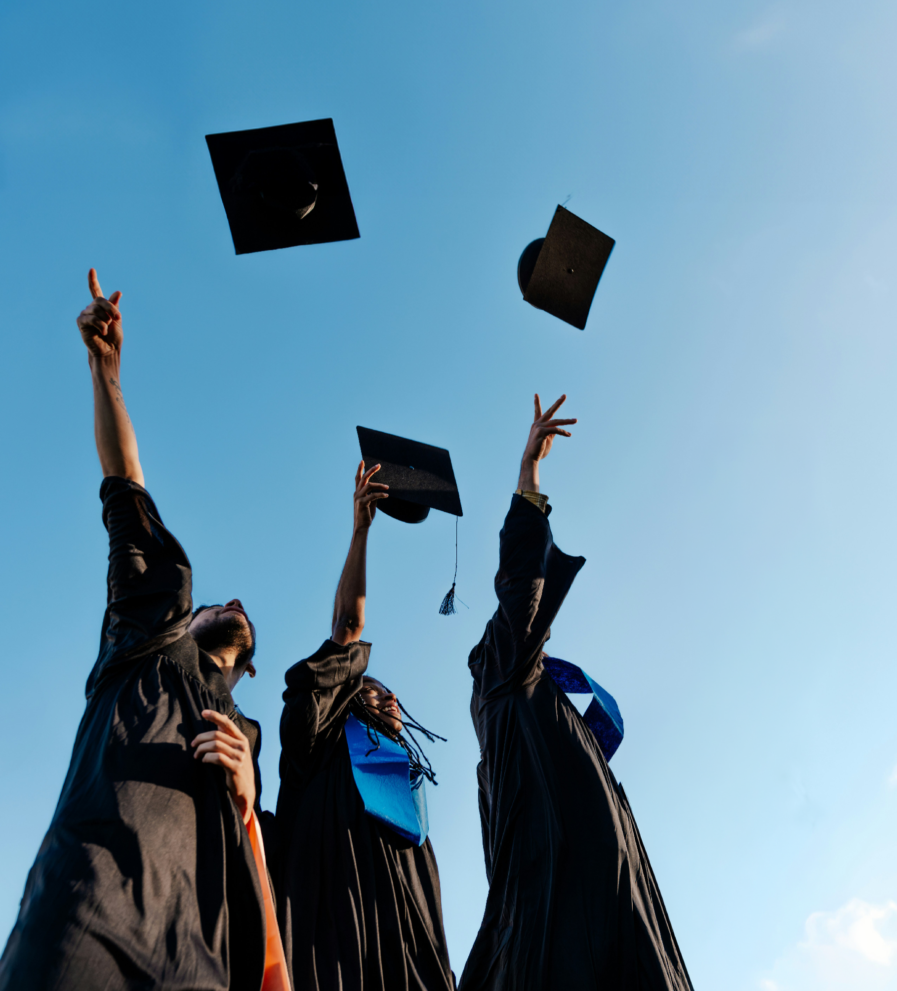 Group of graduates throwing their caps in the air during a graduation ceremony outdoors against a blue sky.