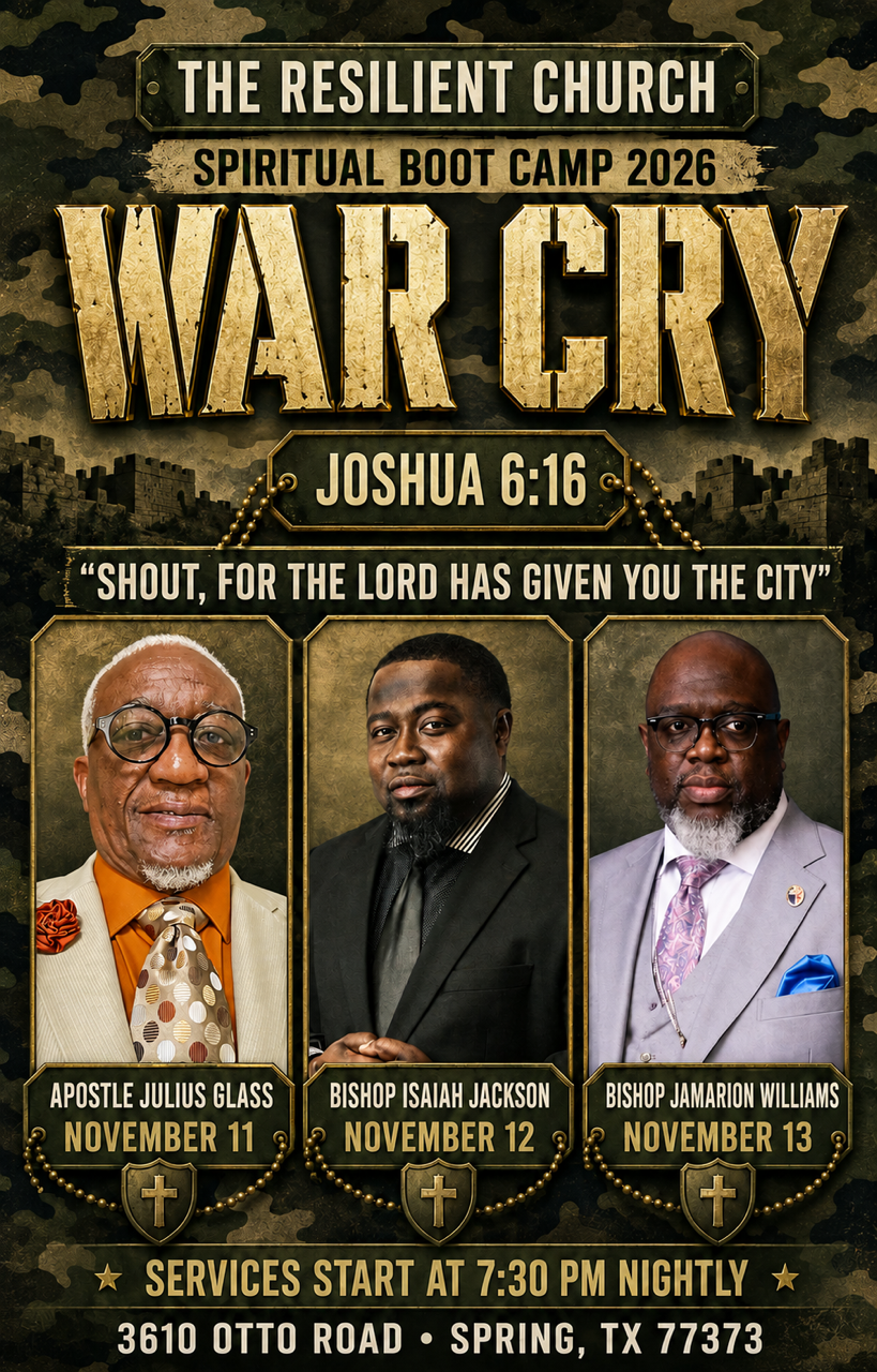 A promotional flyer for The Resilient Church's spiritual boot camp 2026, titled 'War Cry', referencing Joshua 6:16. The event features three speakers: Apostle Julius Glass on November 13, Bishop Isaiah Jackson on November 14, and Bishop Jamarion Williams on November 15, with services starting at 7:30 PM nightly.