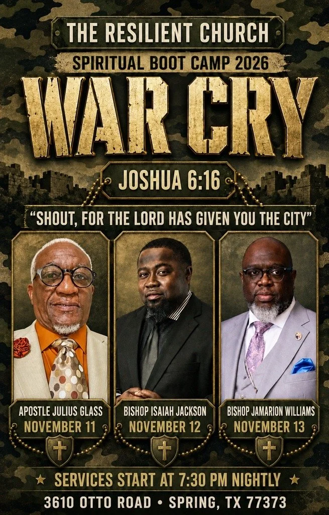 A promotional flyer for The Resilient Church's spiritual boot camp 2026, titled 'War Cry', referencing Joshua 6:16. The event features three speakers: Apostle Julius Glass on November 13, Bishop Isaiah Jackson on November 14, and Bishop Jamarion Williams on November 15, with services starting at 7:30 PM nightly.